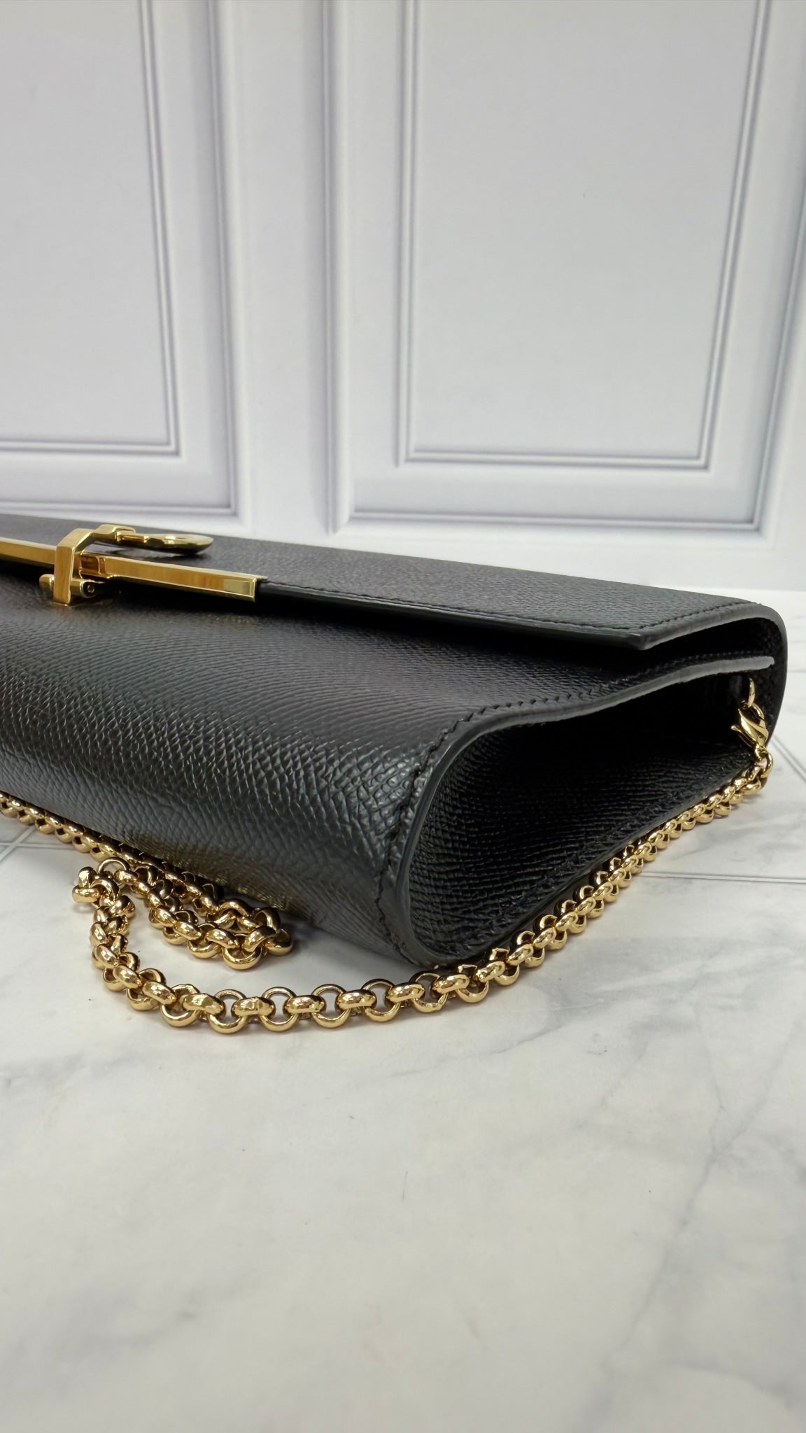 Salvatore Ferragamo Black Leather Clutch on a Chain