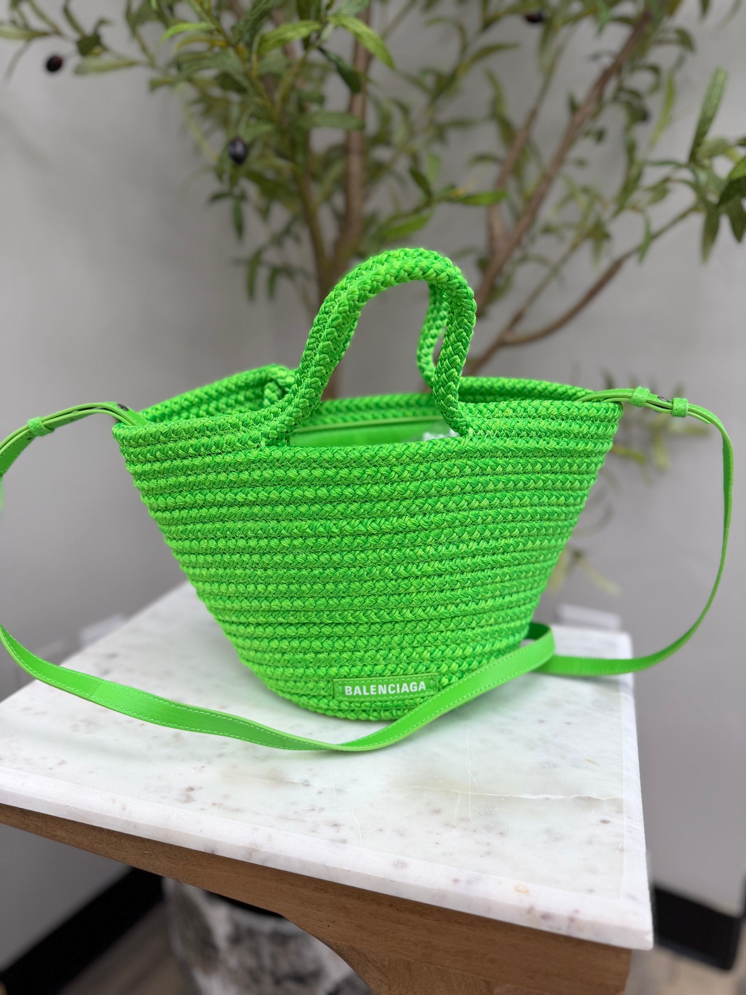 BRAND NEW- Balenciaga Lime Green Raffia Ibiza Small Basket 