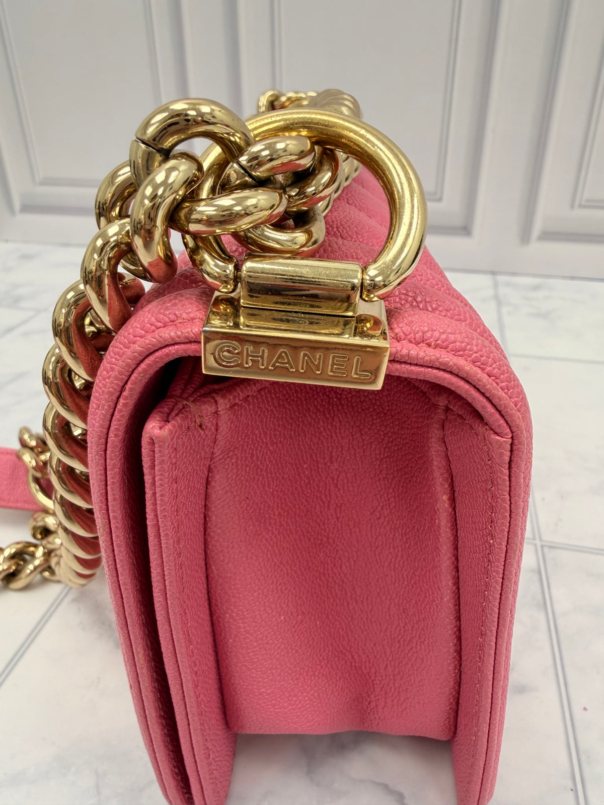 Chanel Pink Chevron Quilted Caviar Leather Boy Flap Bag