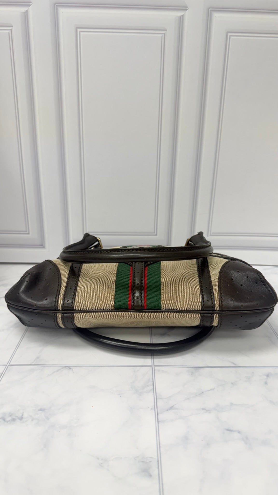 Gucci Brown Leather Beige Web Canvas shoulder bag