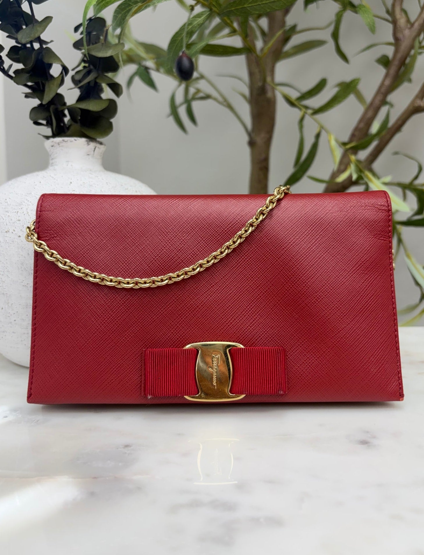 Salvatore Ferragamo Red Saffiano Miss Vara Bow Wallet on Chain