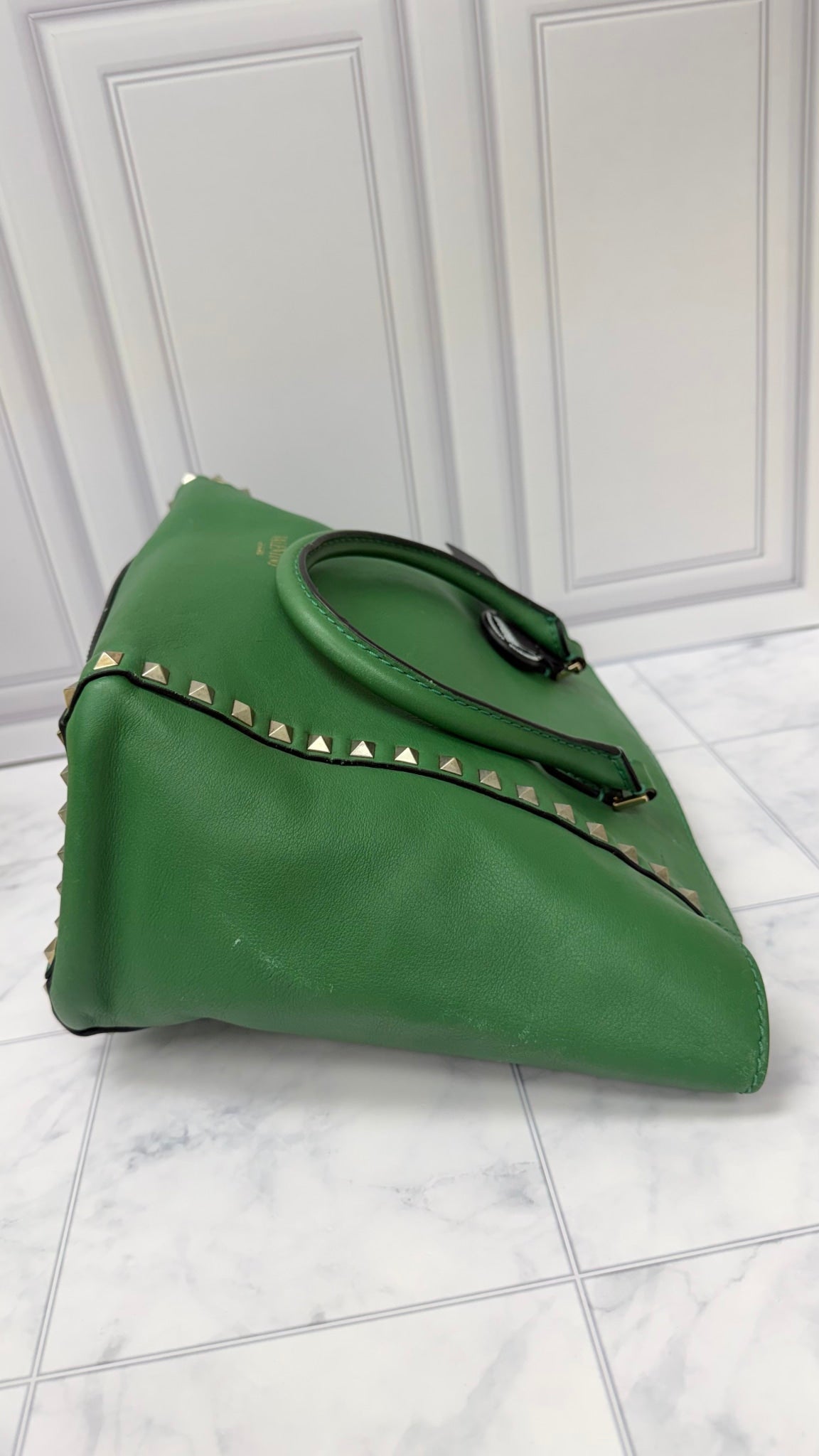 Valentino Green Leather Rockstud Trapeze Tote Bag 