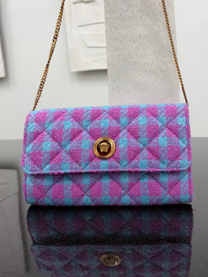 Versace Blue & Purple Tweed Medusa Head Flap Crossbody