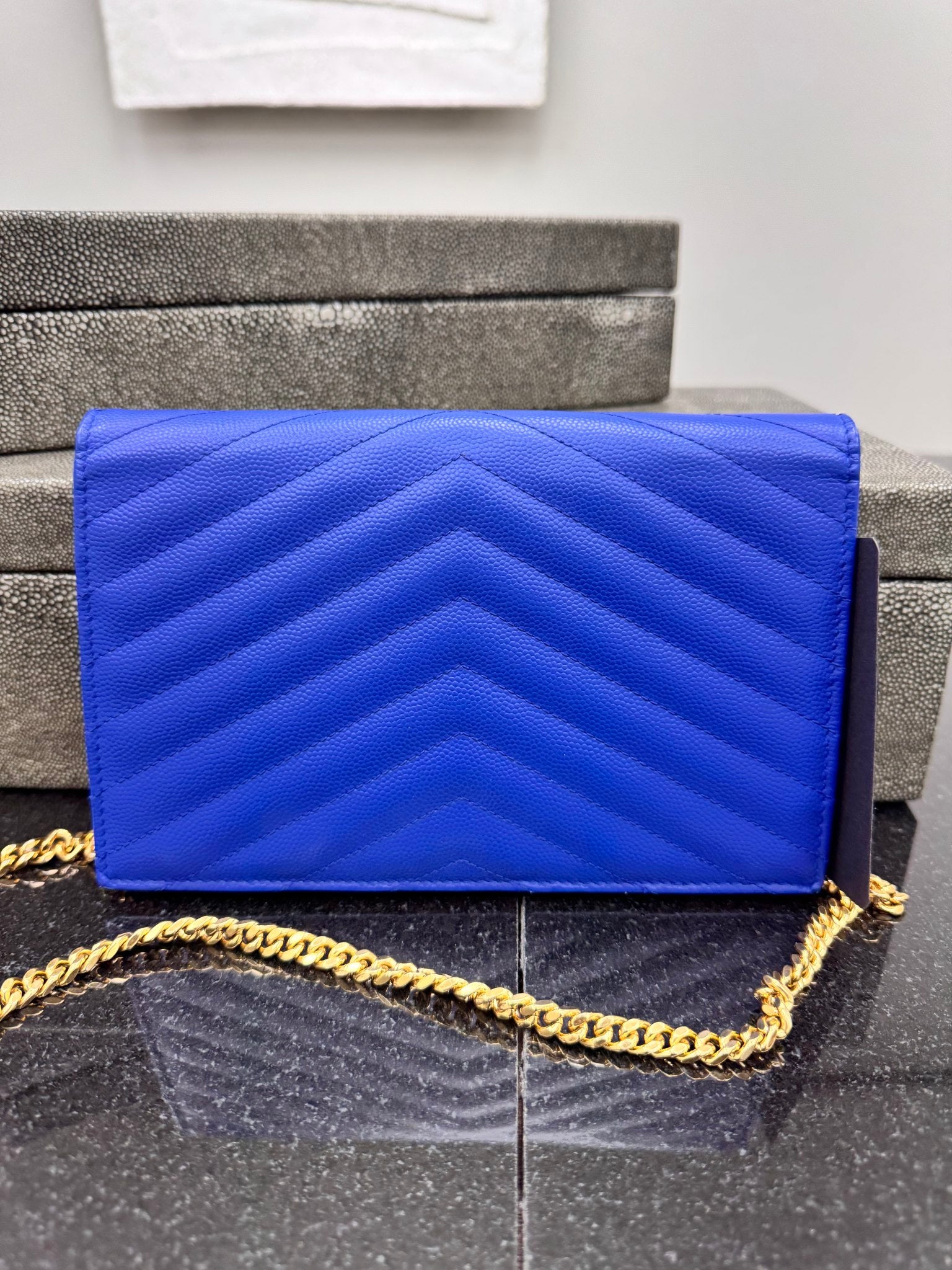 Saint Laurent YSL Blue Chevron Quilted Leather Ophidia Chain Shoulder Bag