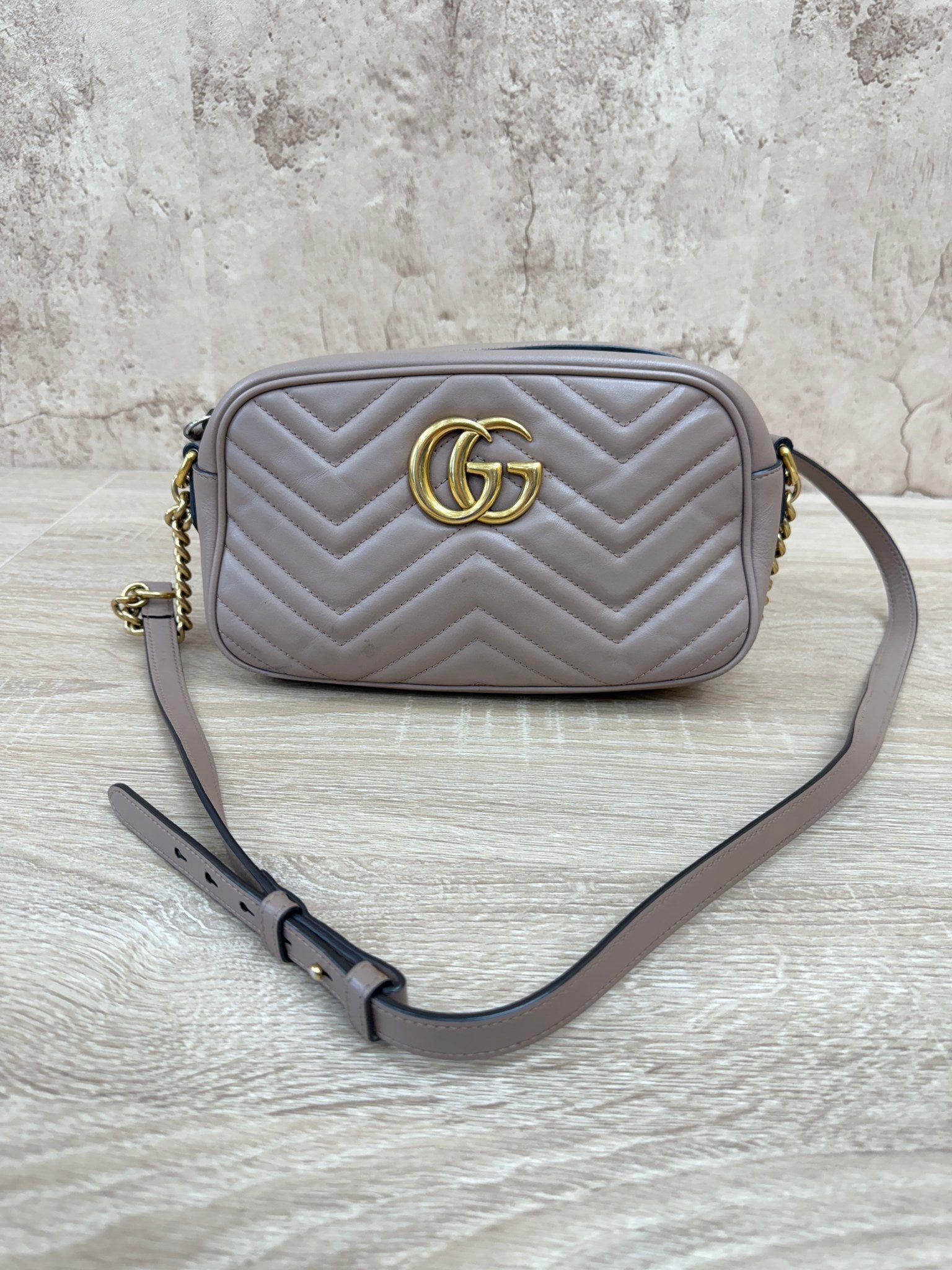 Gucci Porcelain Rose Calfskin Small Marmont Chain Shoulder Bag 