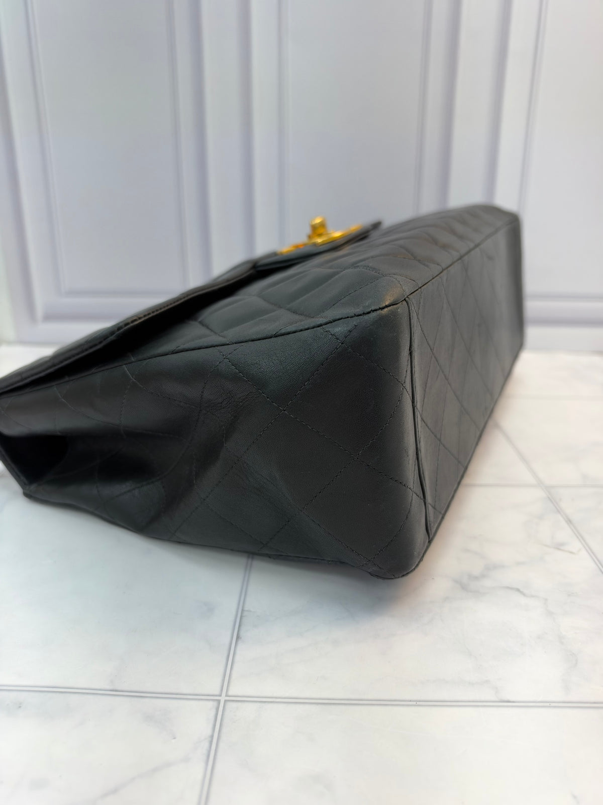 Chanel Black Lambskin And 24K Gold Plated Jumbo XL Maxi Flap Handbag