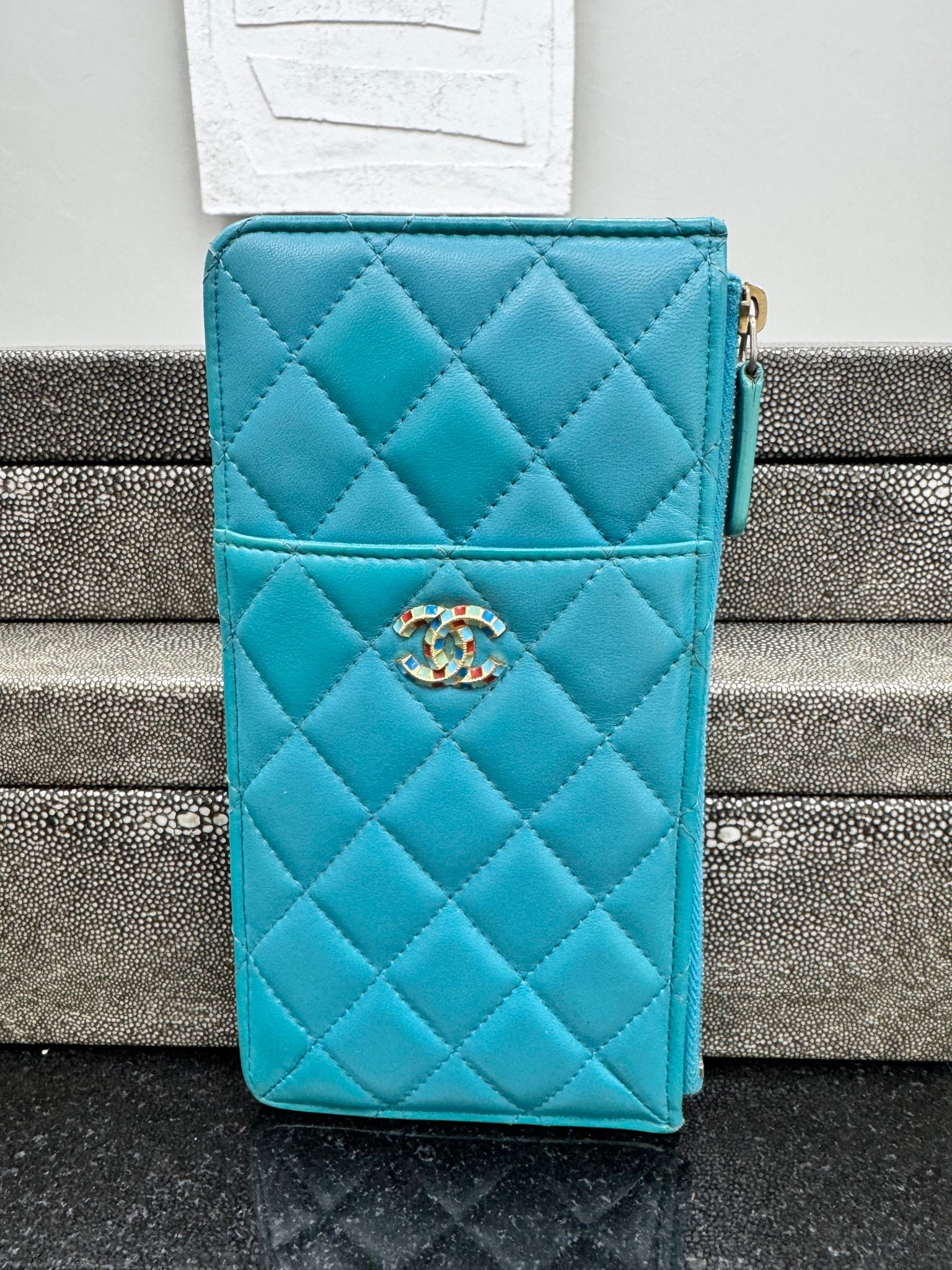Chanel Teal Quilted Leather Phone Holder