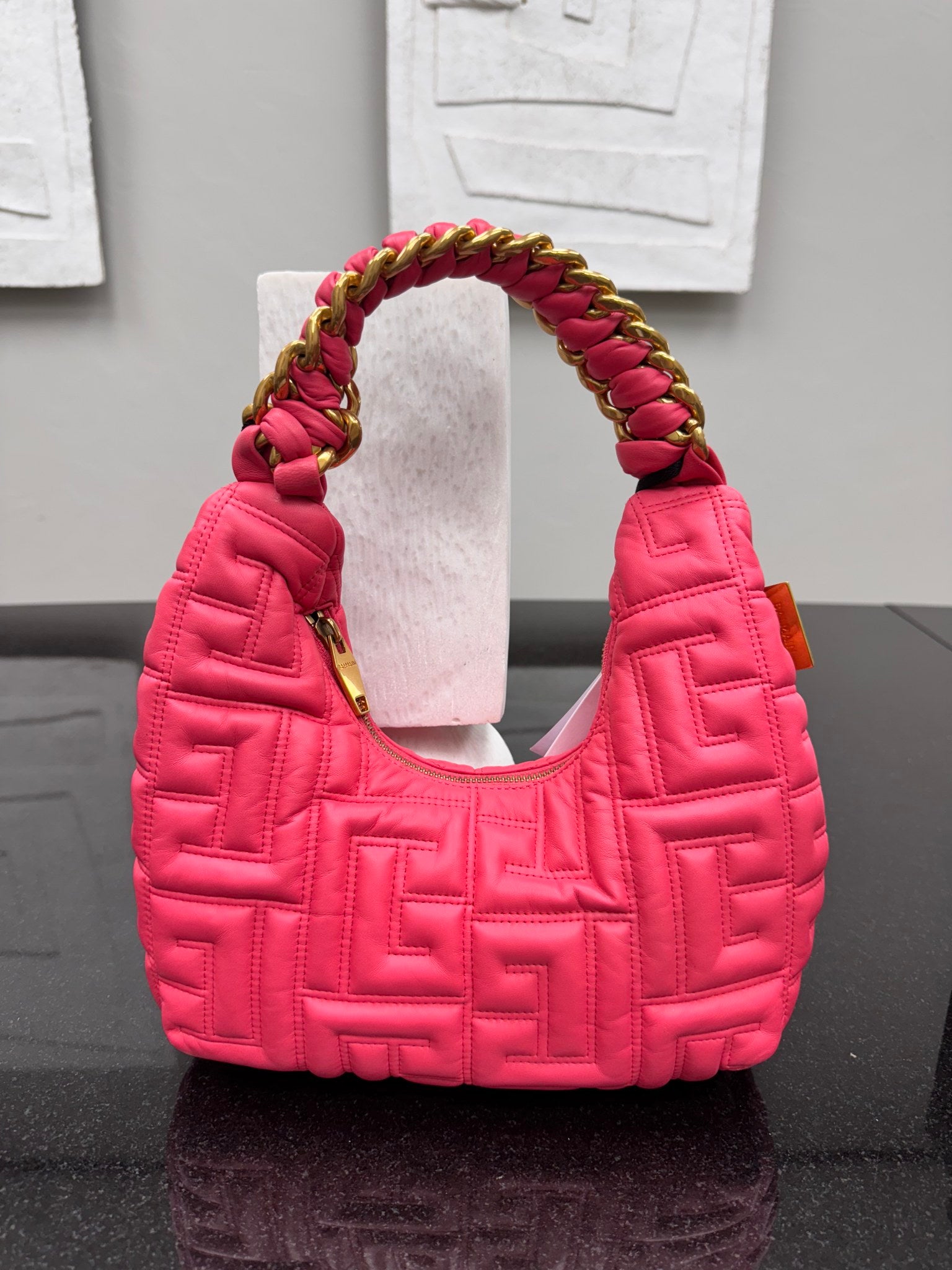 BRAND NEW - Balmain Pink Quilted Leather Pillow Hobo Bag