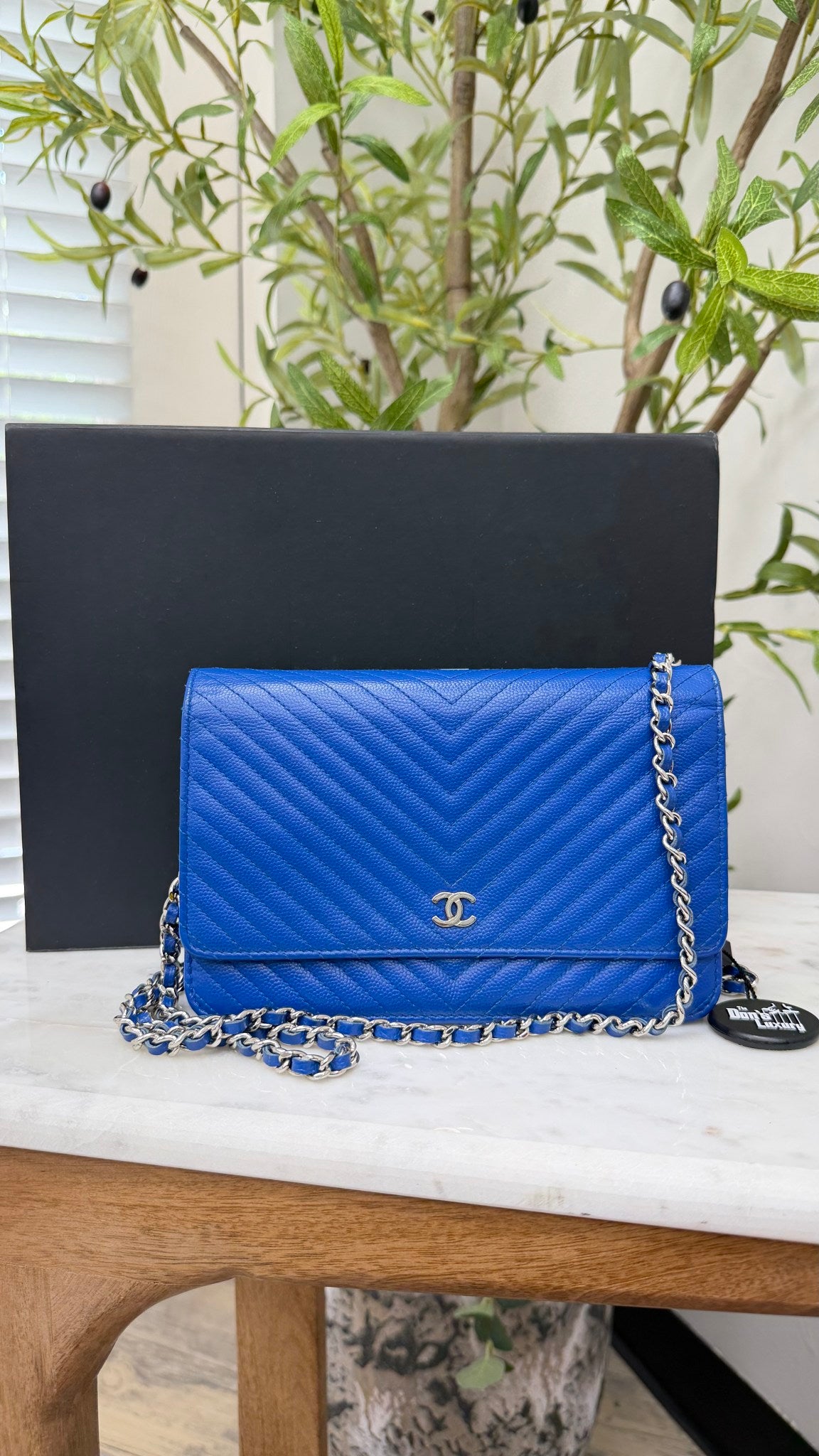 Chanel Royal Blue Quilted Chevron Caviar Leather Wallet on a Chain 