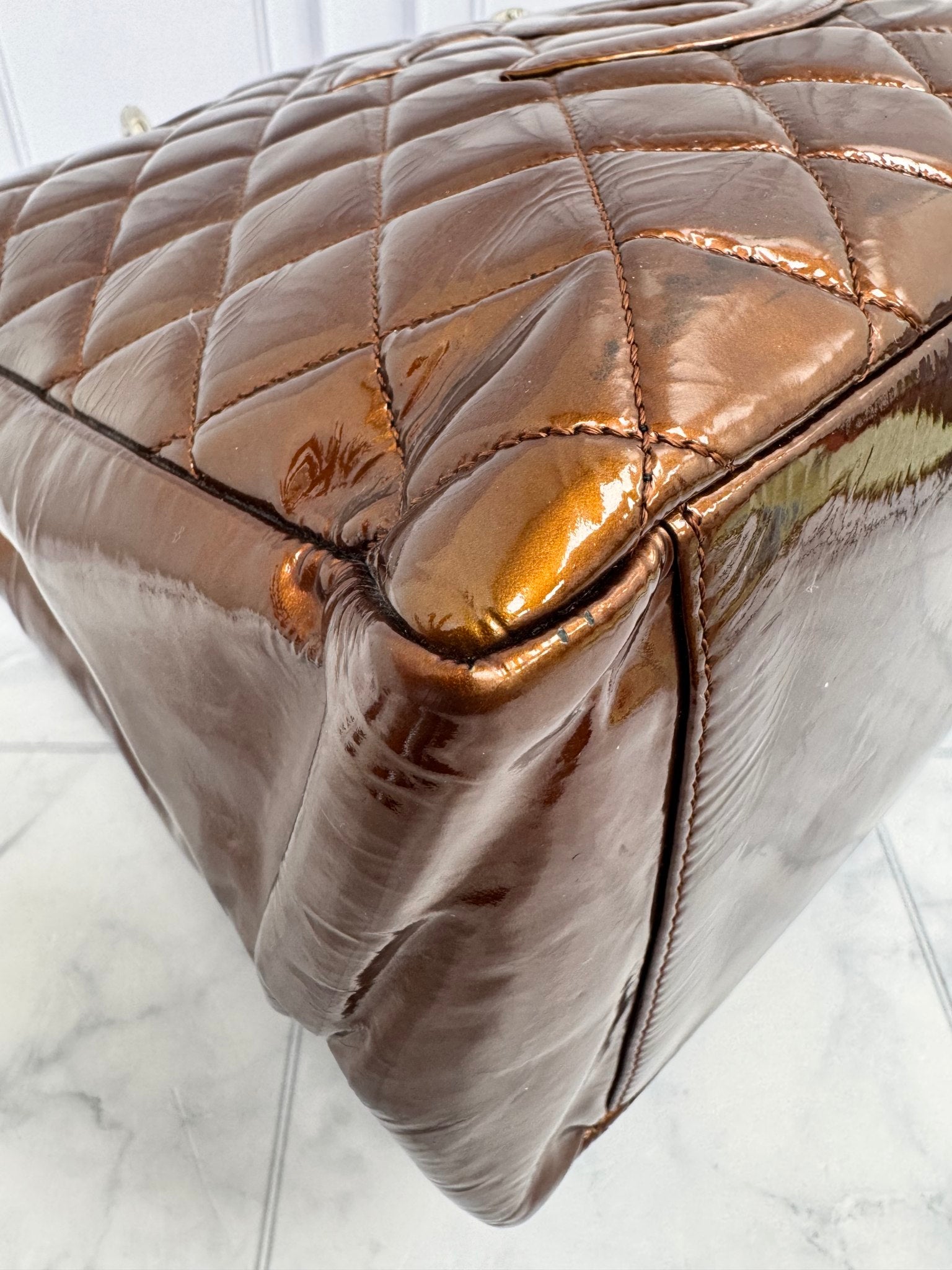 Chanel Bronze Quilted Patent Leather Grand Shopping Tote
