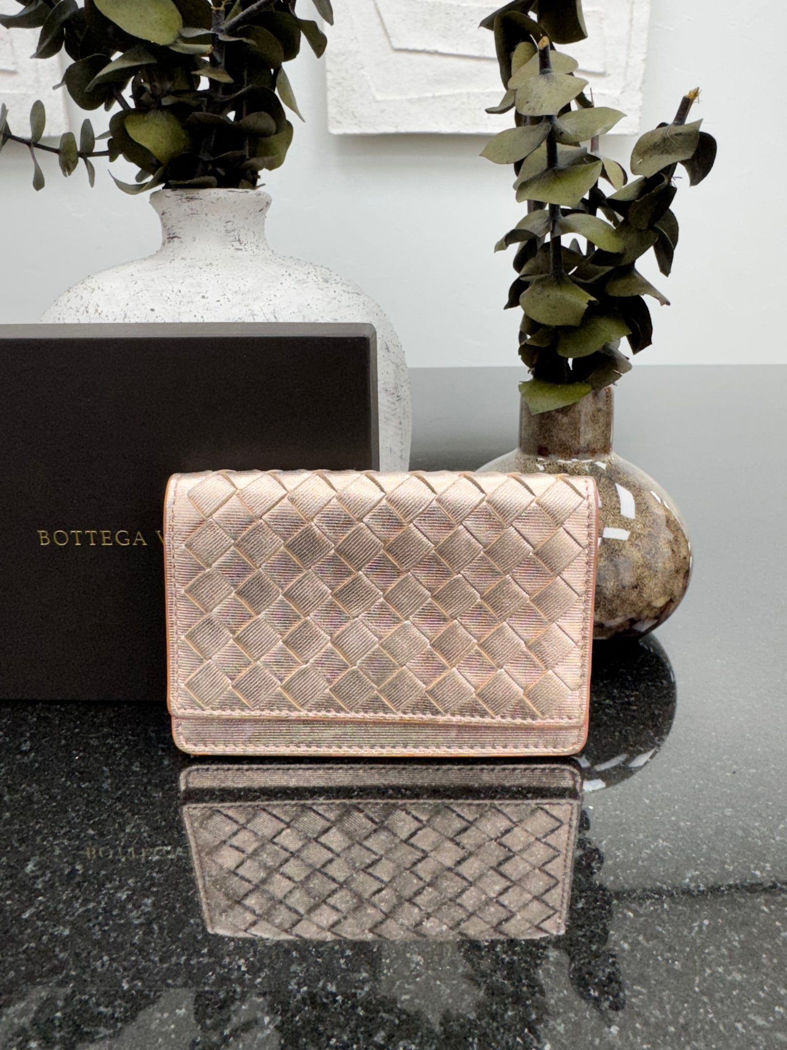Bottega Veneta Metallic Pink Intrecciato Leather Card Case