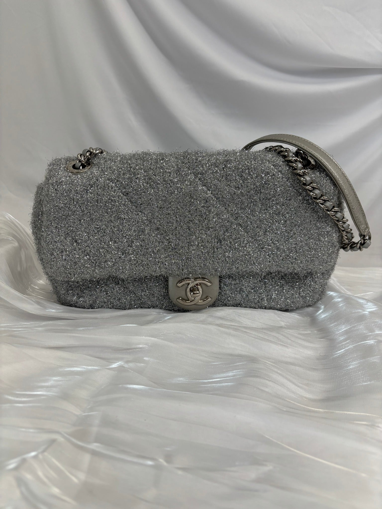 Chanel Silver Knit Pluto Glitter Classic Flap Medium