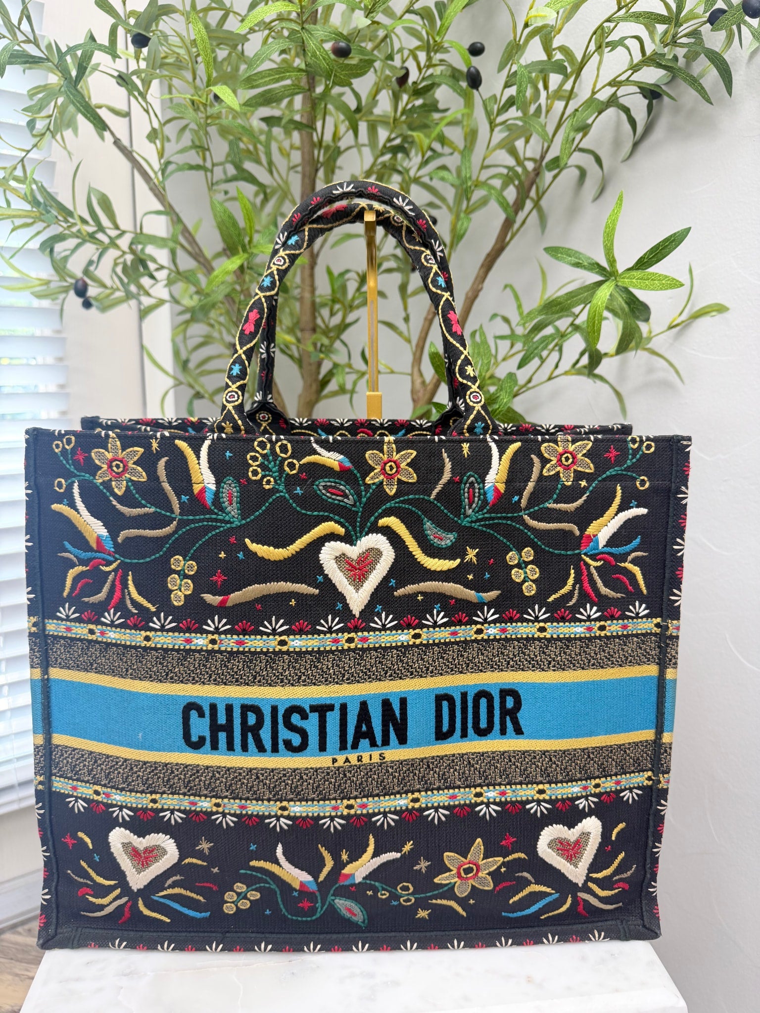 Christian Dior Black Multicolor Embroidered Canvas Large Book Tote Bag 