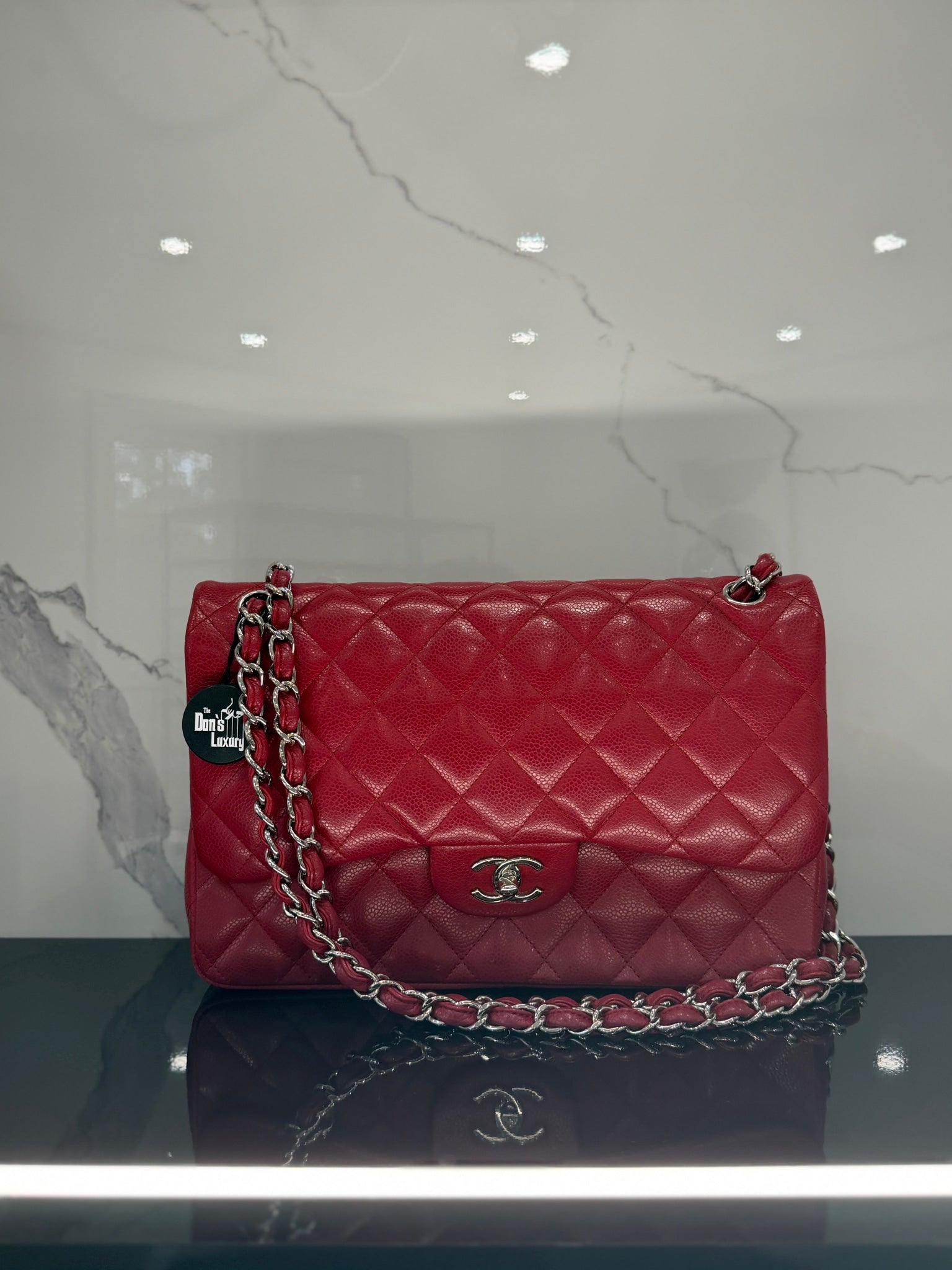 Chanel Red Caviar Quilted Leather Jumbo Classic Double Flap Bag