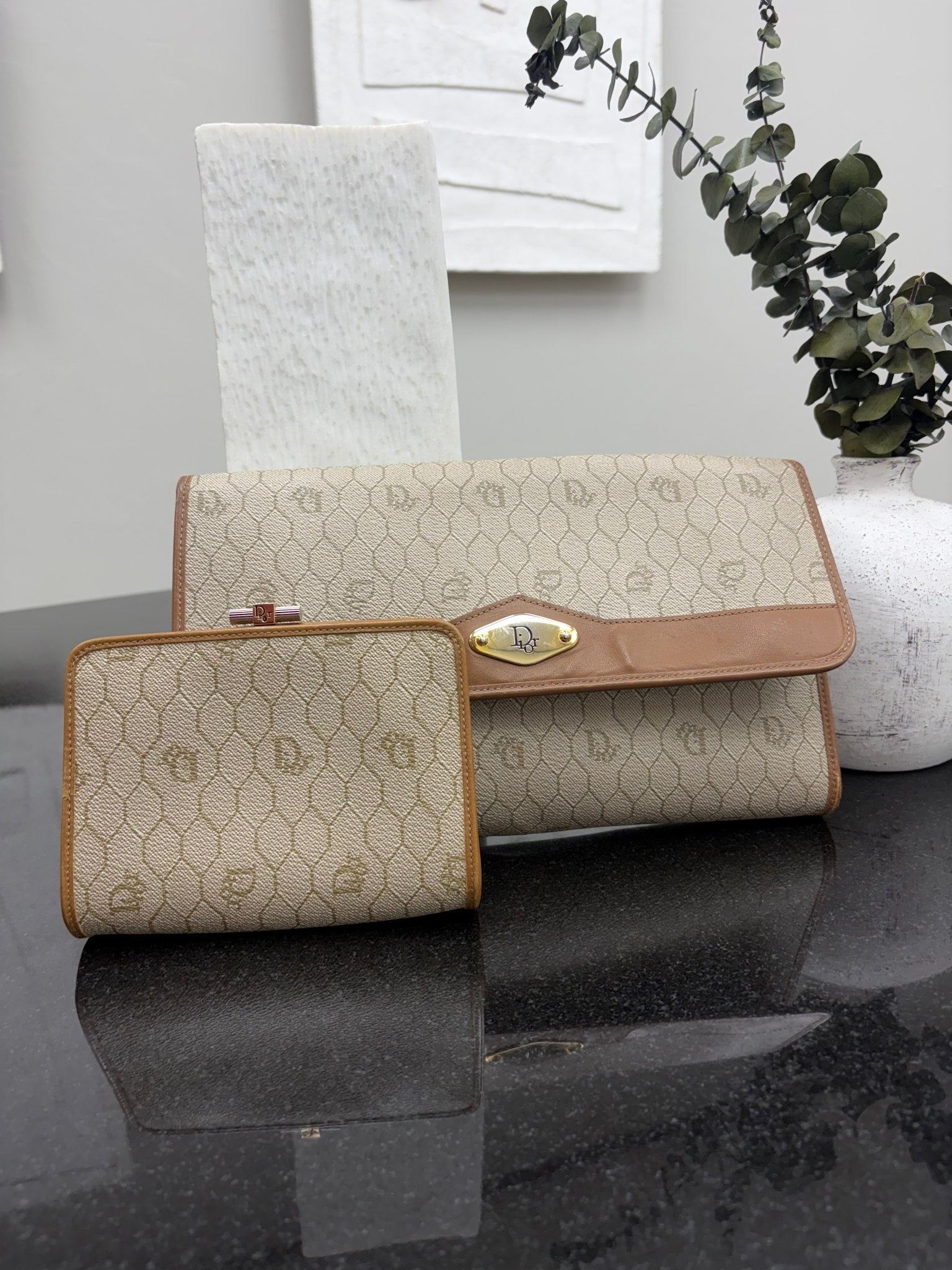 Christian Dior Honey Comb Chain Shoulder Bag with Kiss Lock Wallet