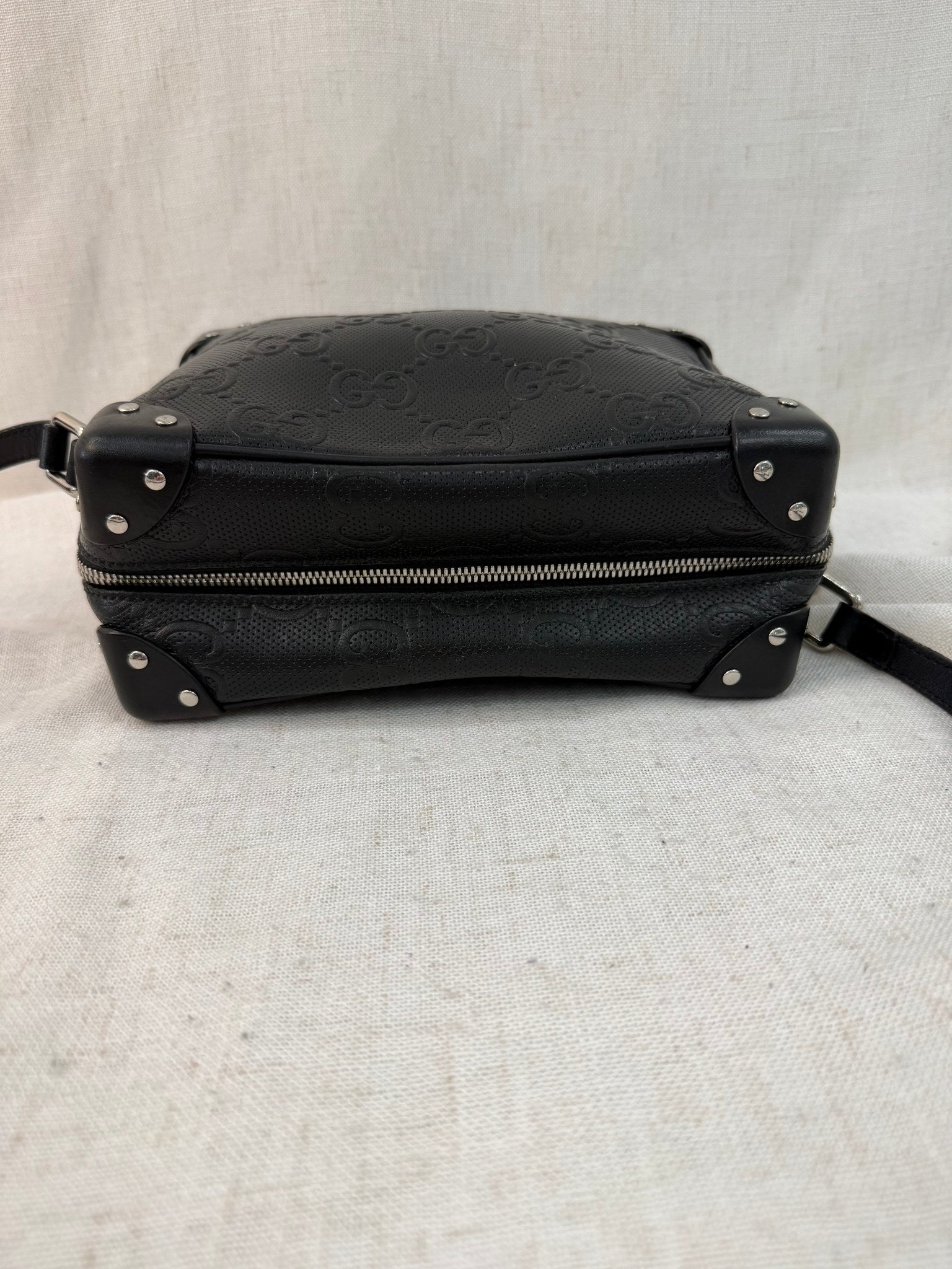 Gucci Black Leather GG Embossed Soft Trunk Crossbody Bag