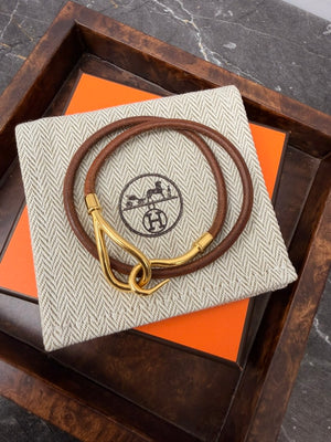 Hermes Brown Leather & Gold Tone Jumbo Double Hook Wrap Bracelet
