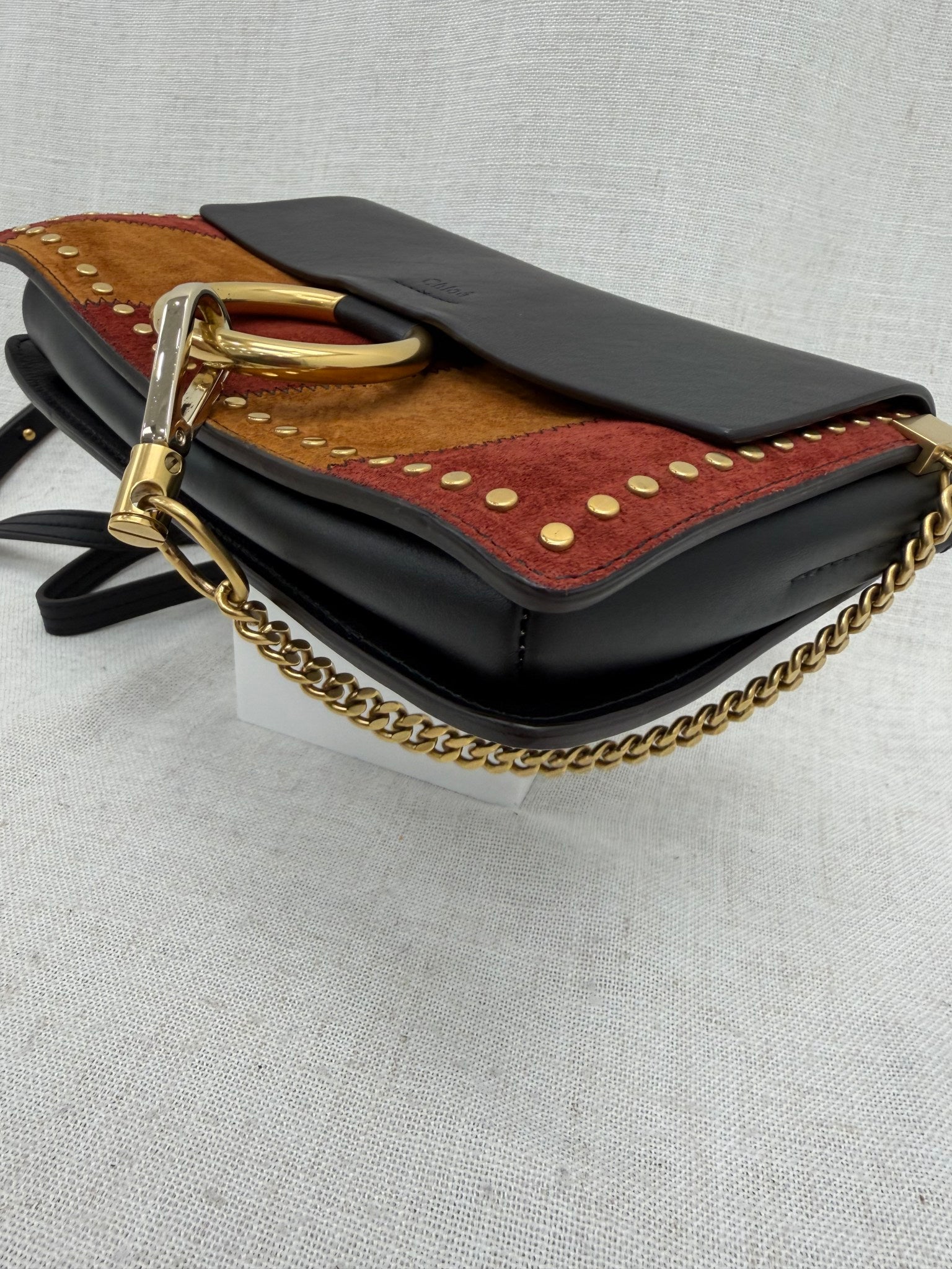 Chloe Tricolor Patchwork Suede & Leather Studded Faye Shoulder Bag