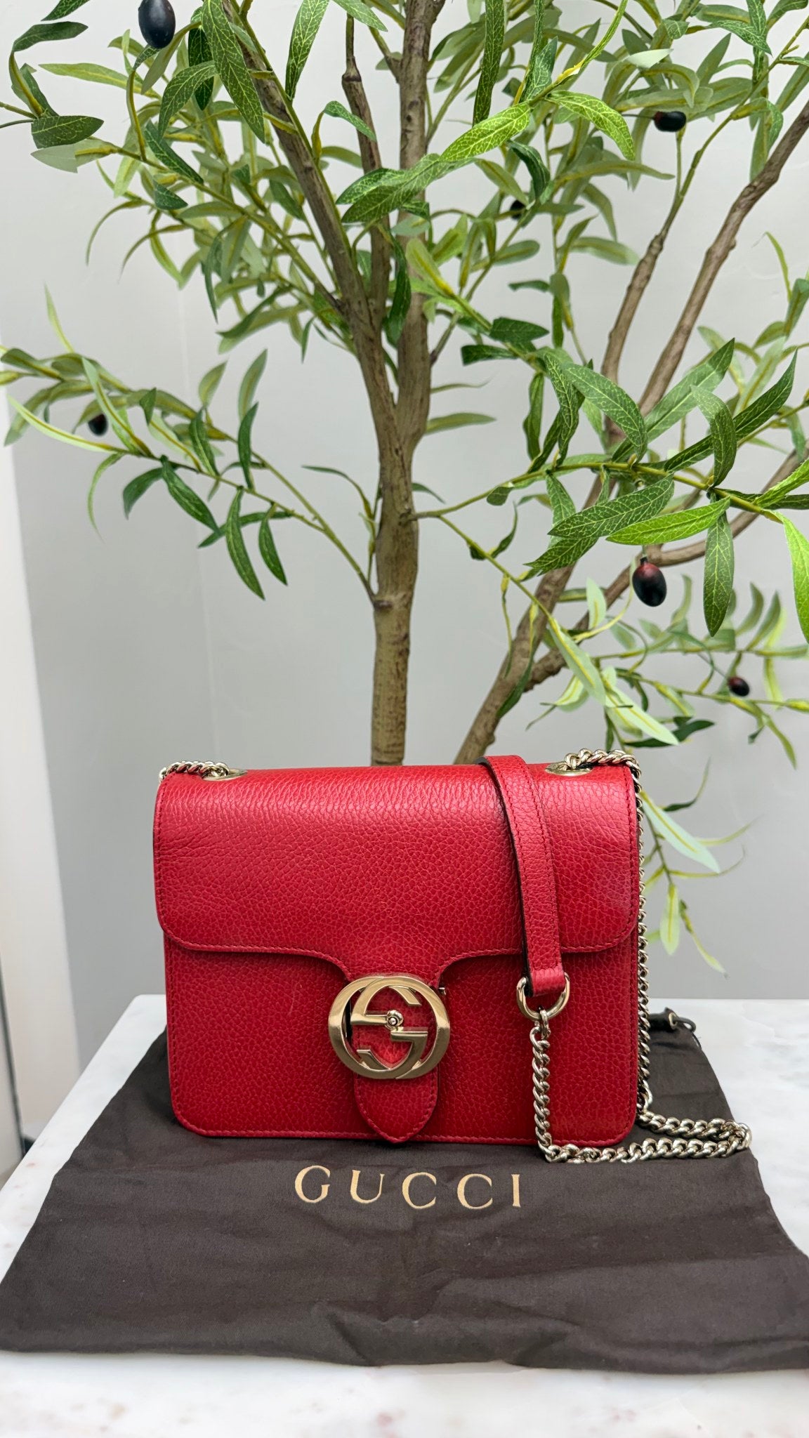 Gucci Red Grained Leather Interlocking G Small Shoulder Bag
