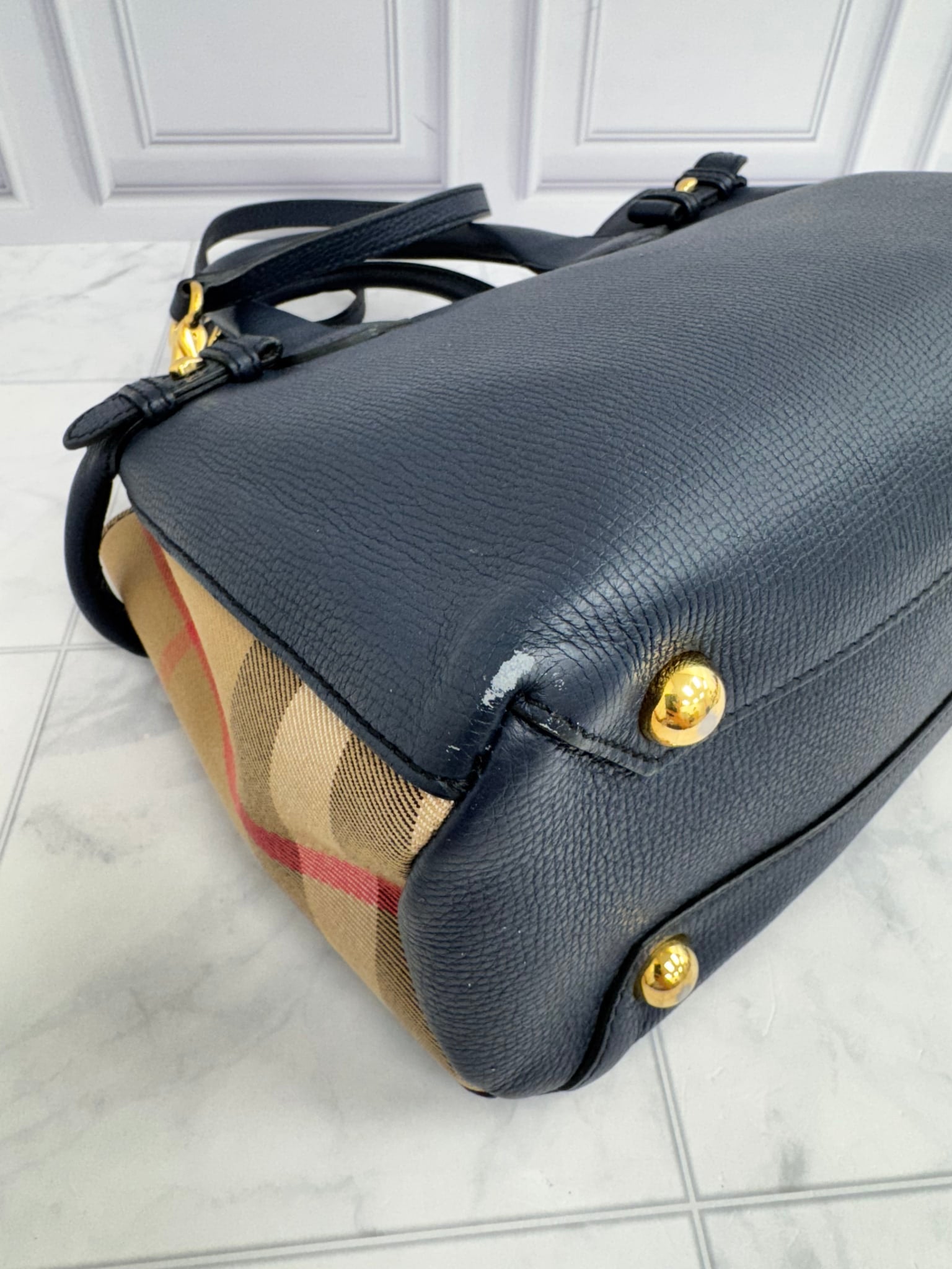 Burberry Navy Blue Grained Leather Small Tote Bag