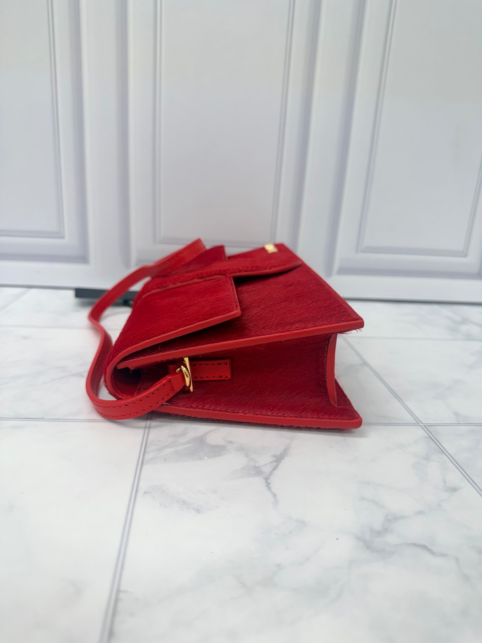 BRAND NEW - Jacquemus Red Pony Hair Le Bambino Long Shoulder Bag