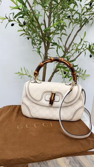 Gucci Cream Leather GG Canvas Bamboo 1947 Medium 2Way Bag