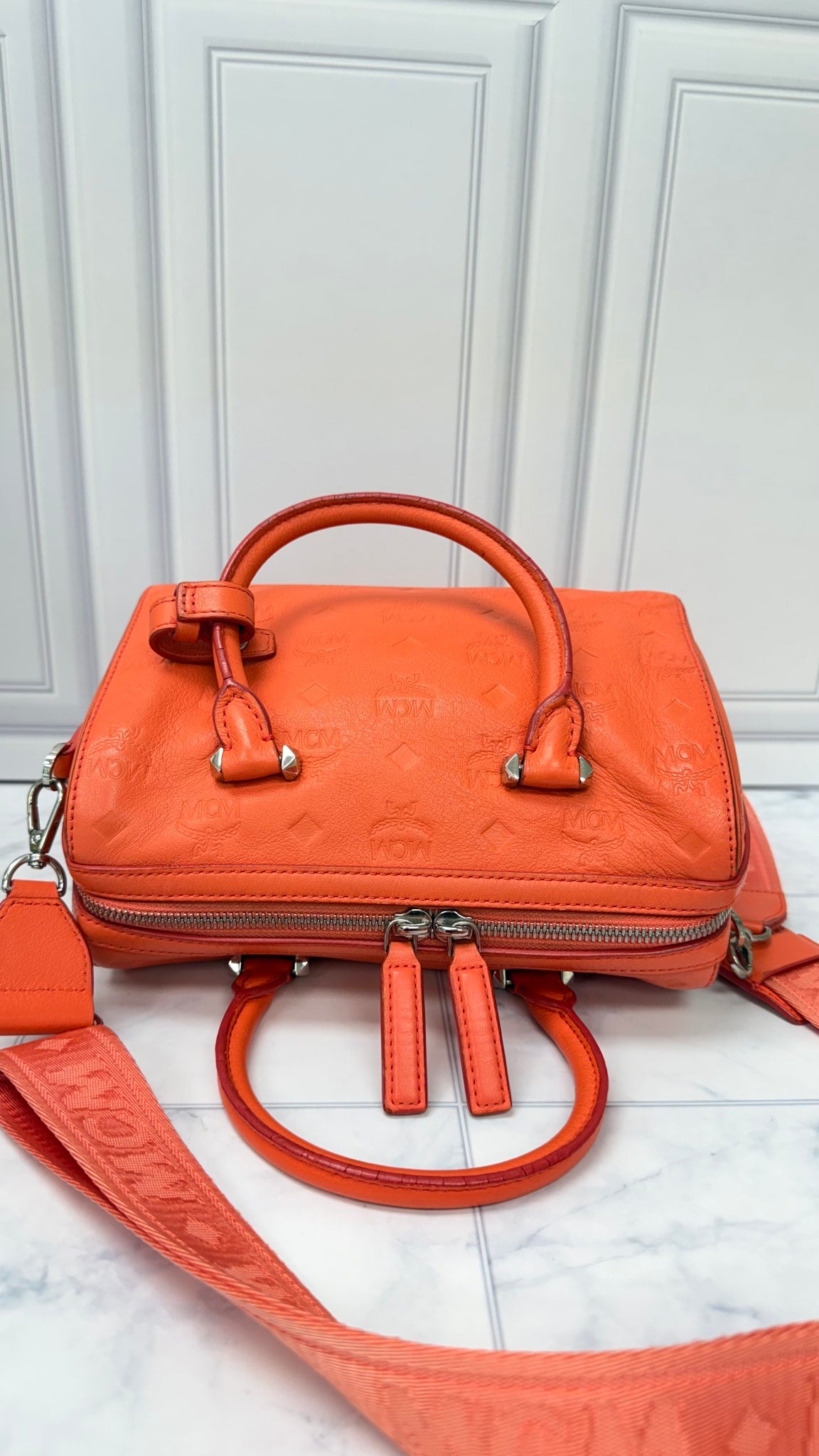 MCM Coral Visetos Leather Boston Bag