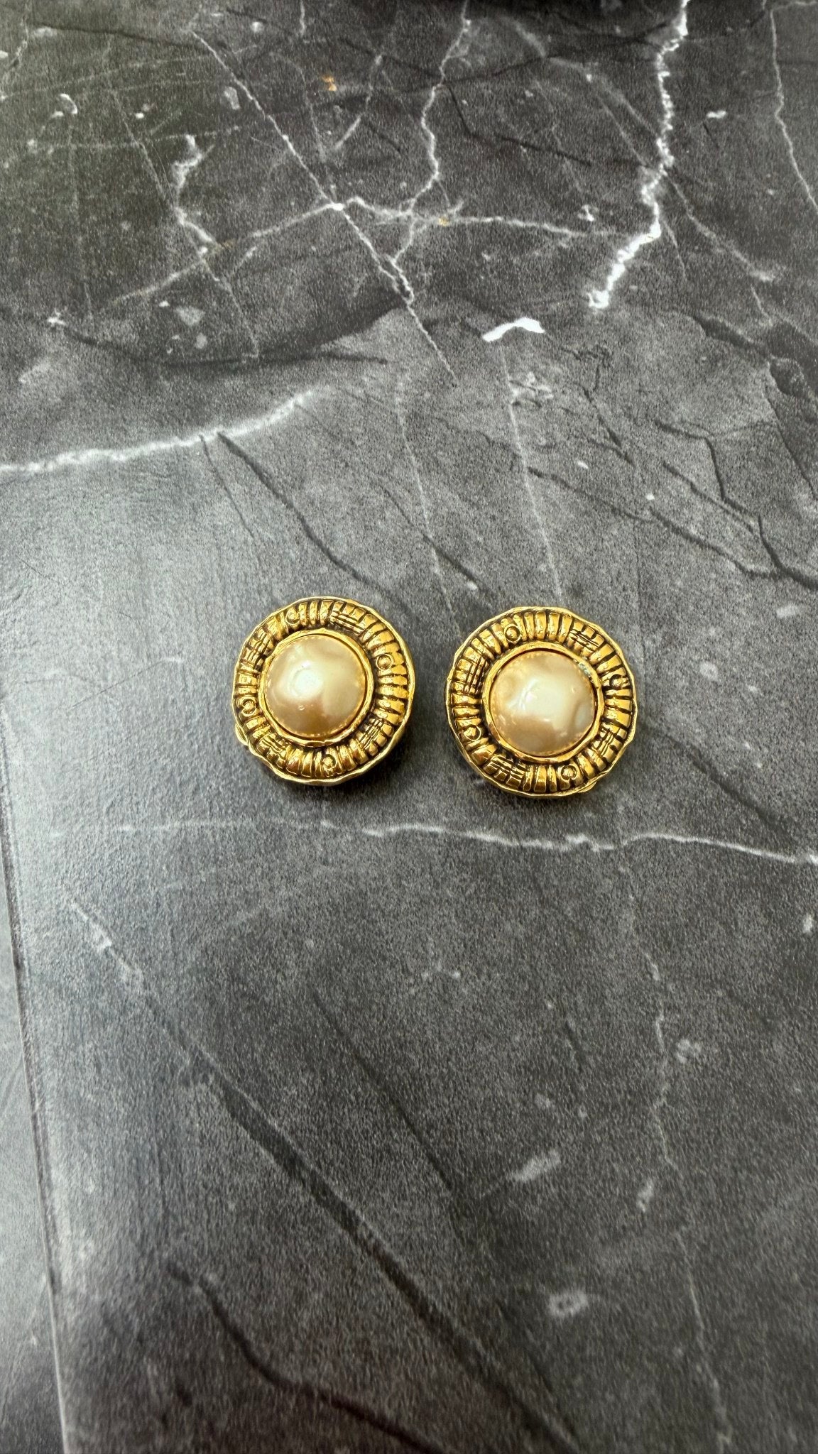 Chanel Vintage Gold Tone & Faux Pearl Coin Clip On Earrings 