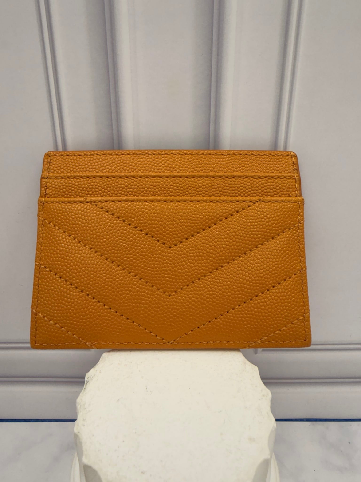 LIKE NEW - Saint Laurent YSL Mustard Grain De Poudre Leather Cassandre Matelasse Card Case 