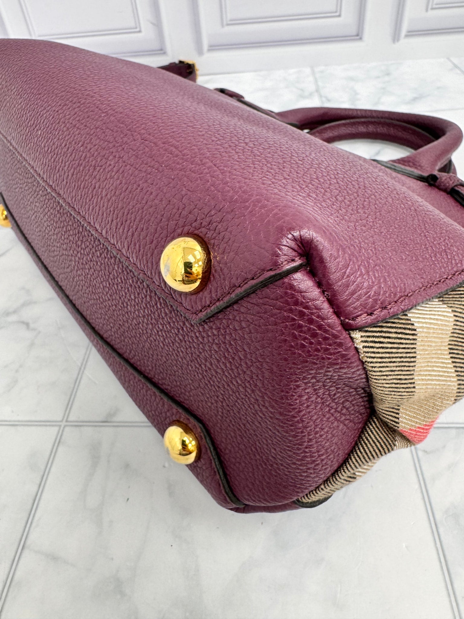 Burberry Maroon Grained Leather Small Tote Bag