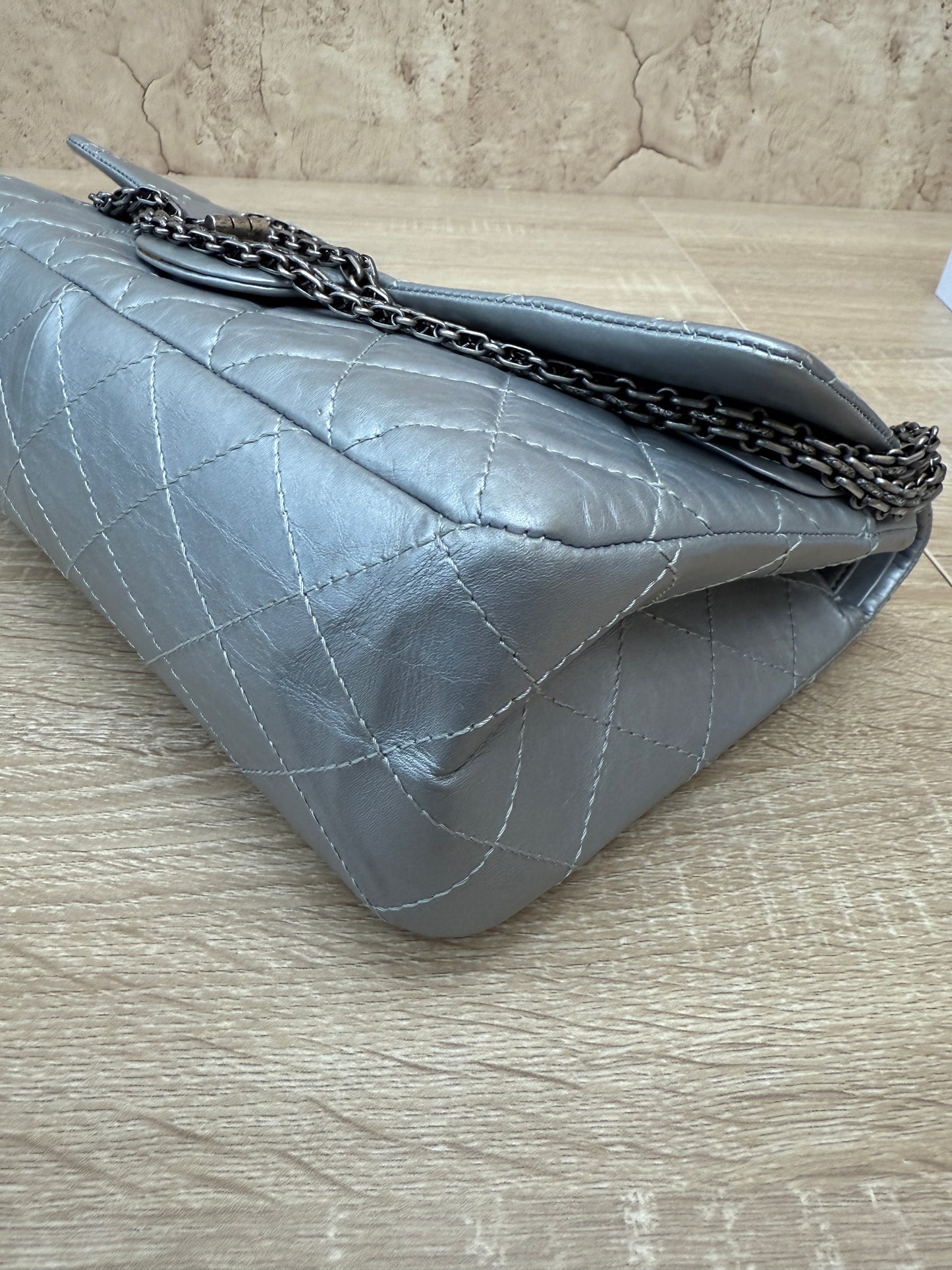 Chanel Silver Metallic Aged Calfskin Quilted 2.55 Reissue 227 Double Flap Bag