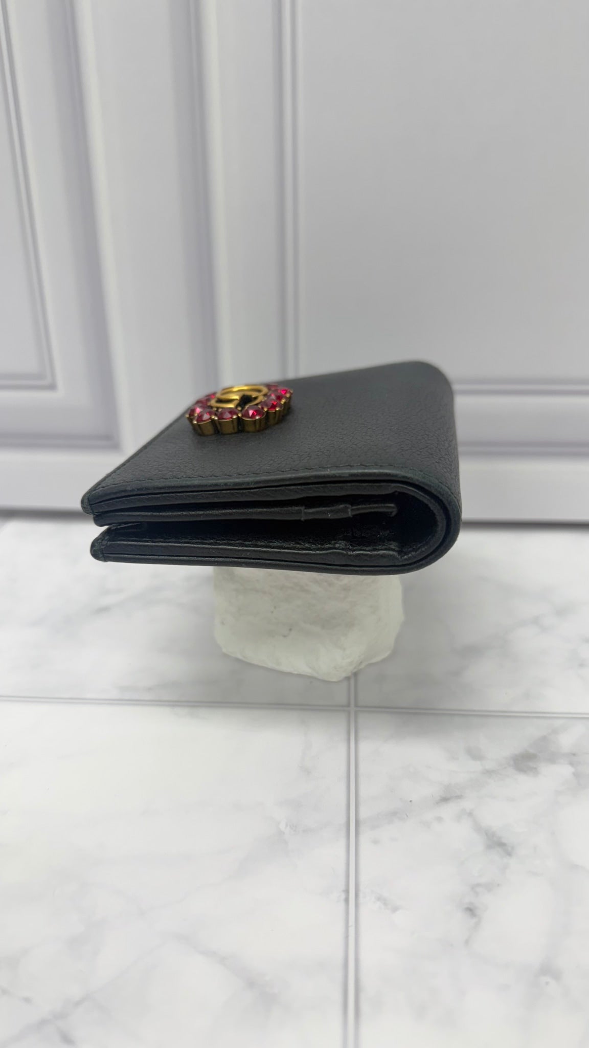 Gucci Black Leather Rhinestone Compact Wallet 