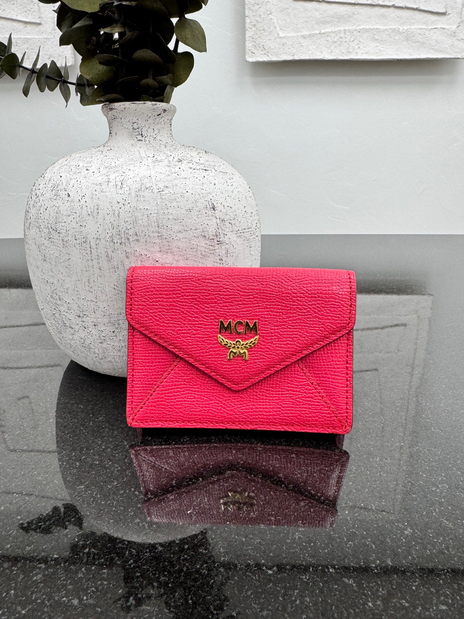 MCM Red Grained Leather Envelope Card Case