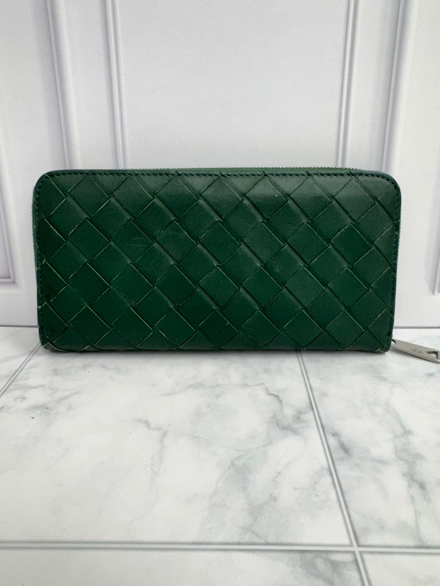 Bottega Veneta Green Intrecciato Leather Zippy Wallet