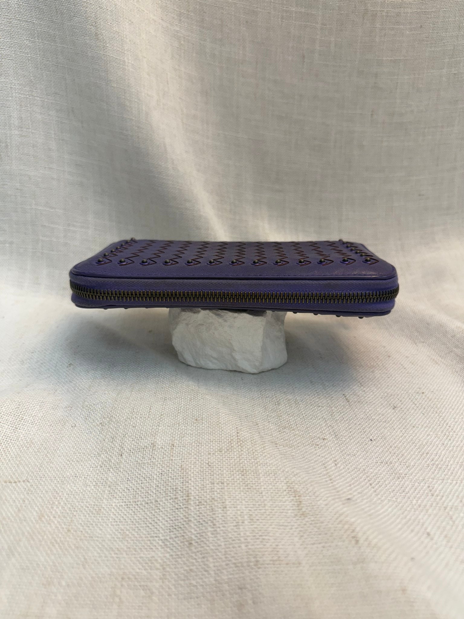 Bottega Veneta Purple Leather Studded Intrecciato Zippy Wallet