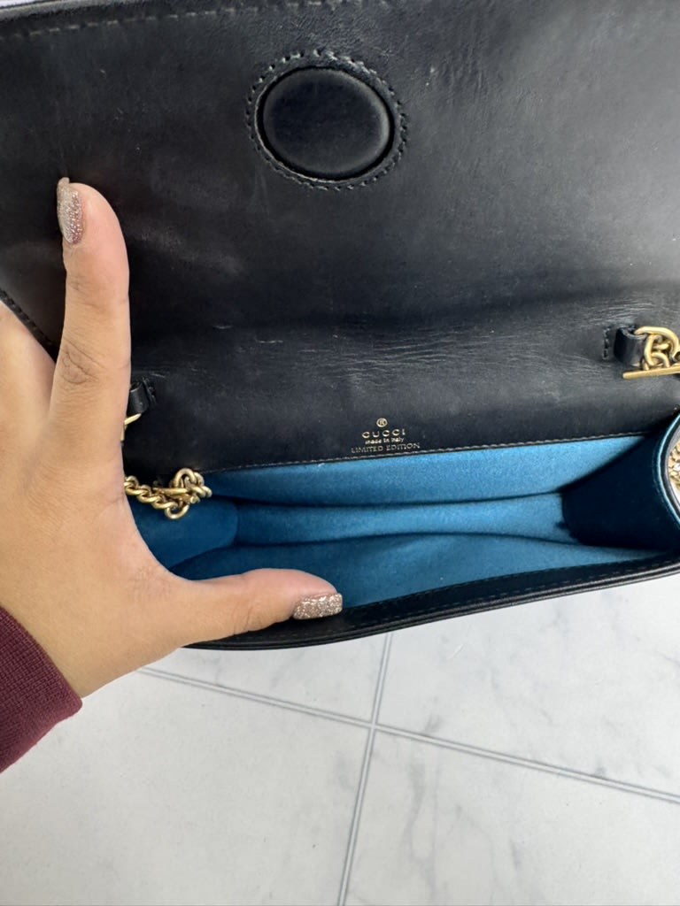 Gucci Marmont Black Chevron Quilted Velvet Embellished Hearts Wallet On A Chain