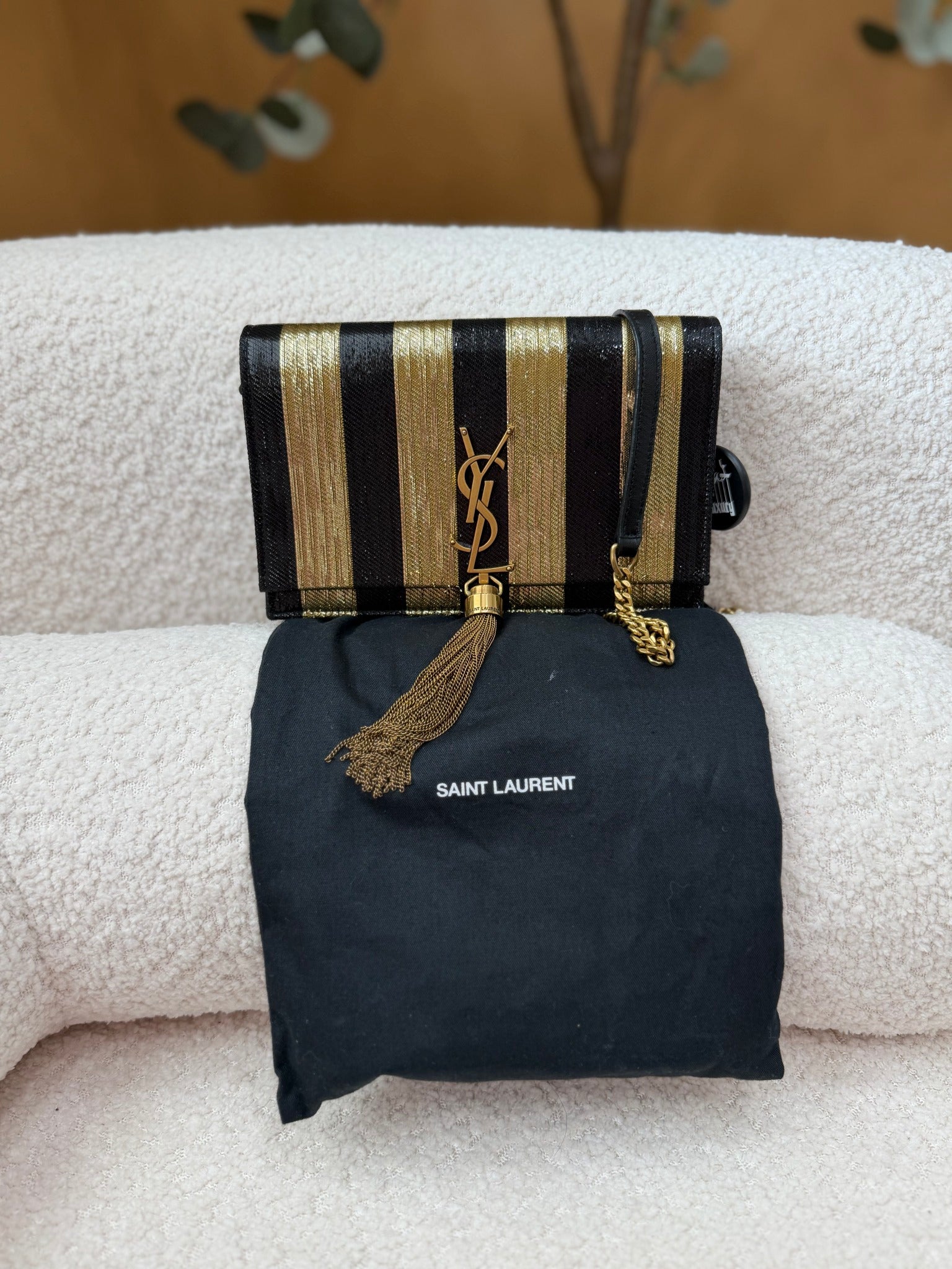 YSL Saint Laurent Black And Gold Kate Striped Bag