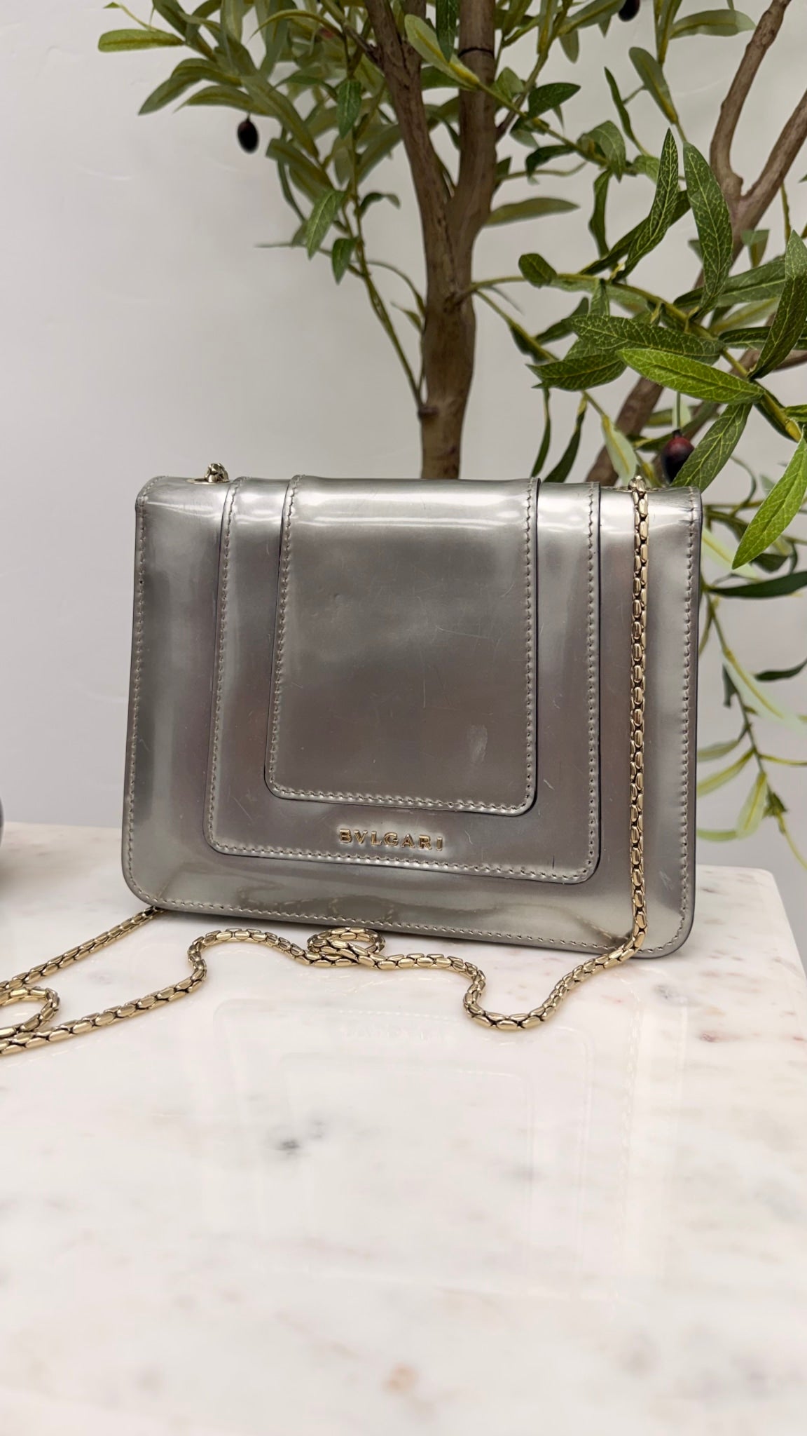 Bvlgari Patent Silver Serpenti Crossbody Bag