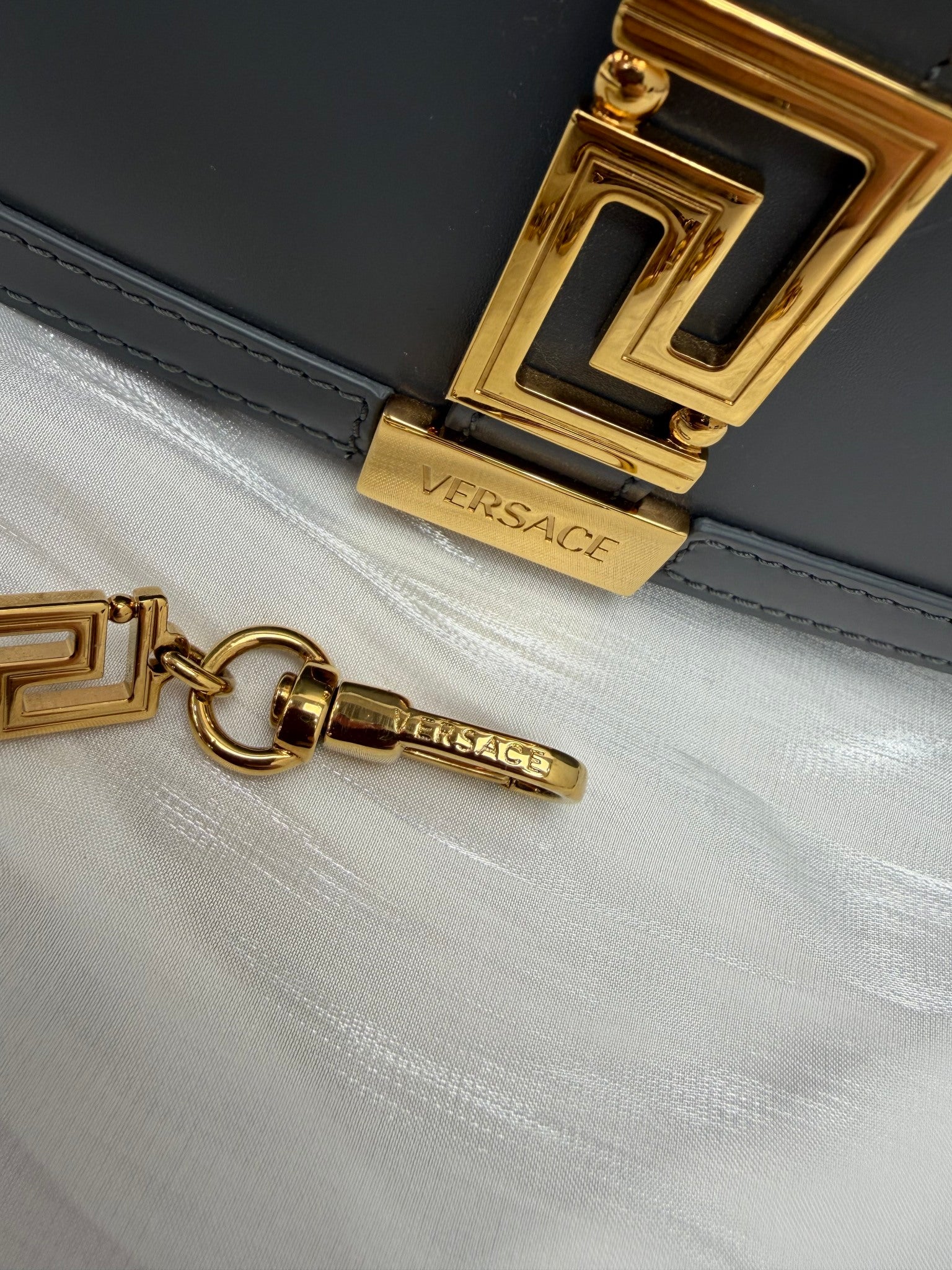 LIKE NEW- Versace Grey Calfskin Medium Greca Goddess Shoulder Bag