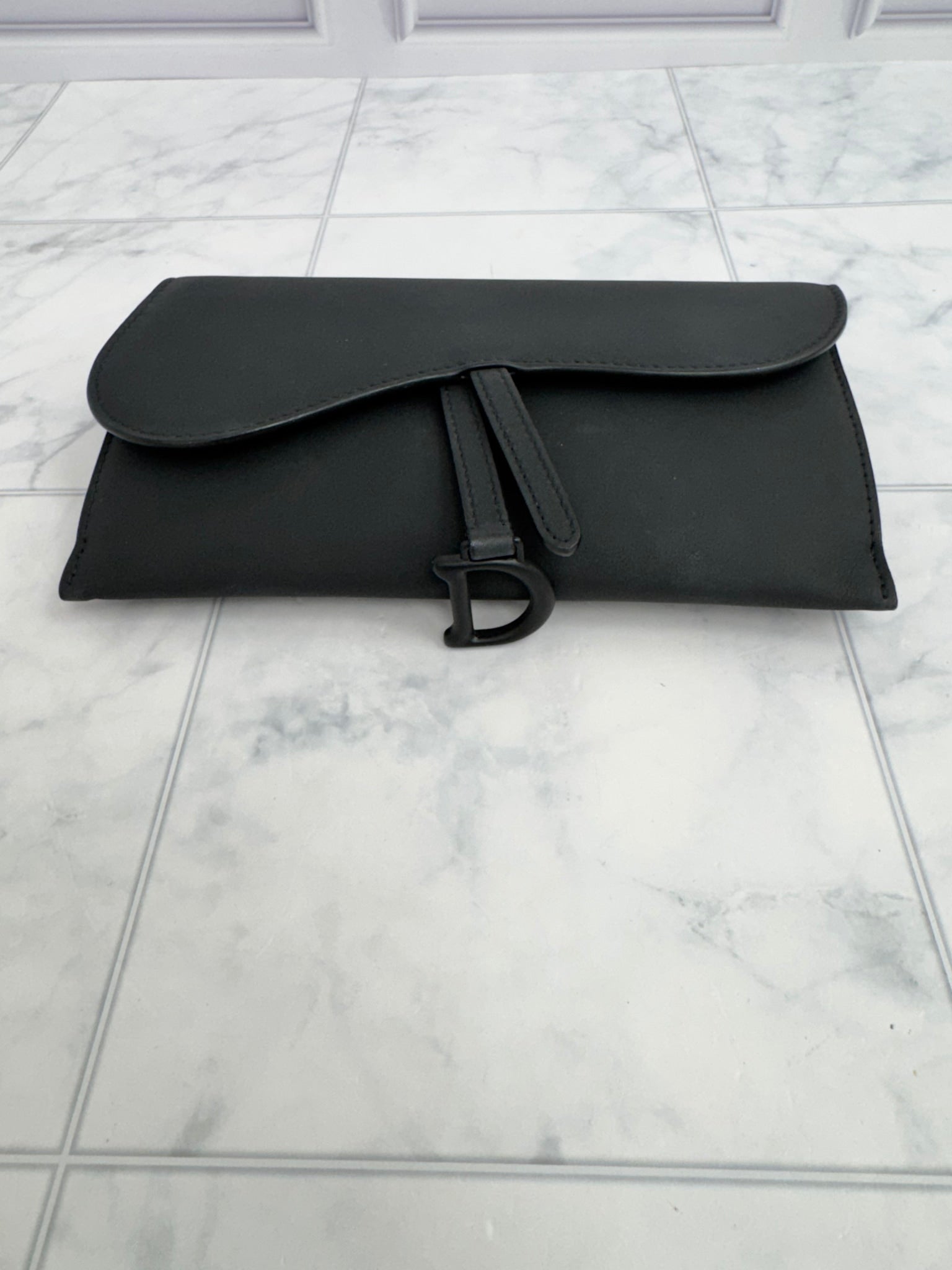 Christian Dior Black Ultra Matte Calfskin Long Saddle Wallet On A Chain