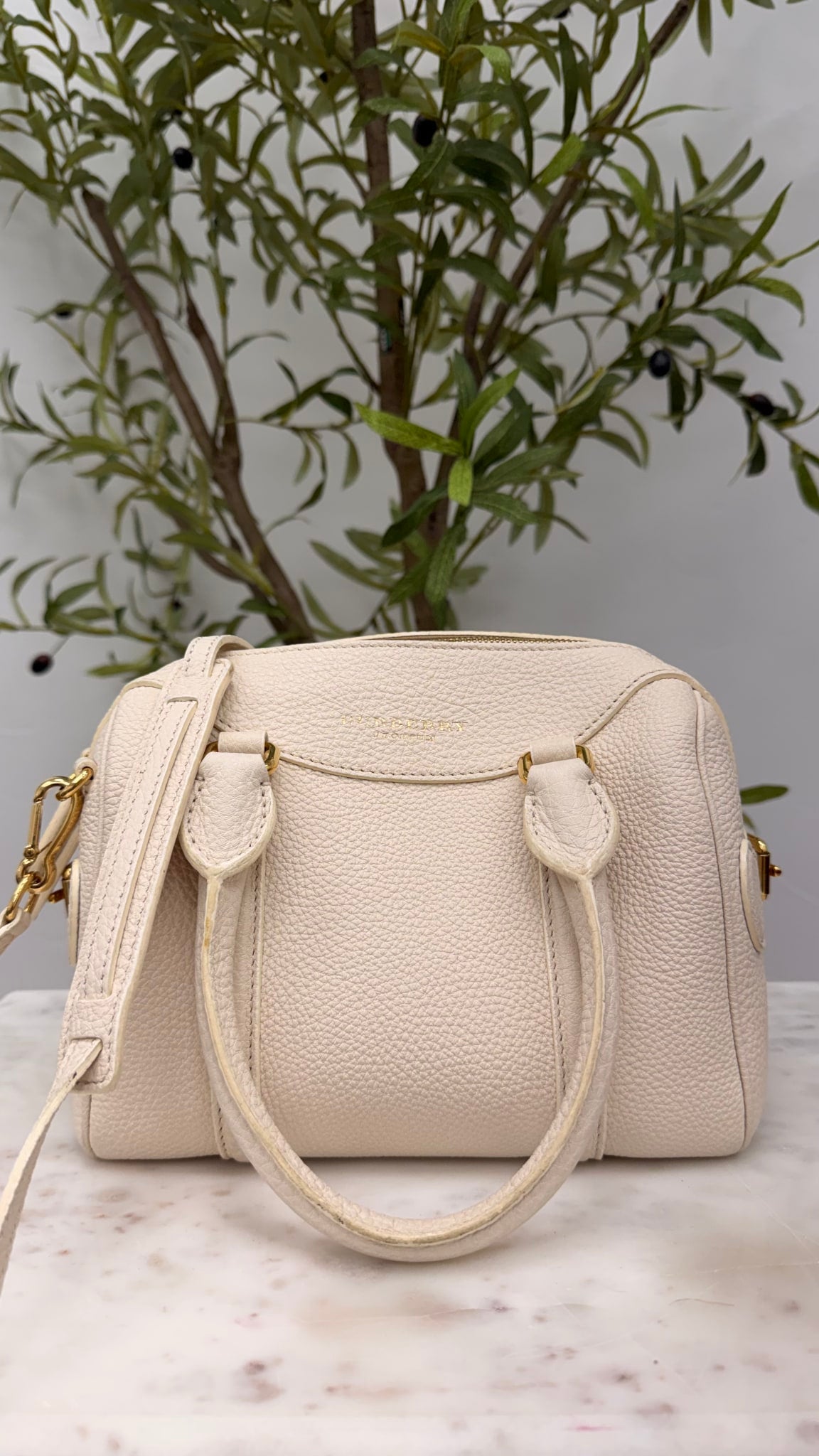 Burberry White Grained Leather Small Barrel Bag 