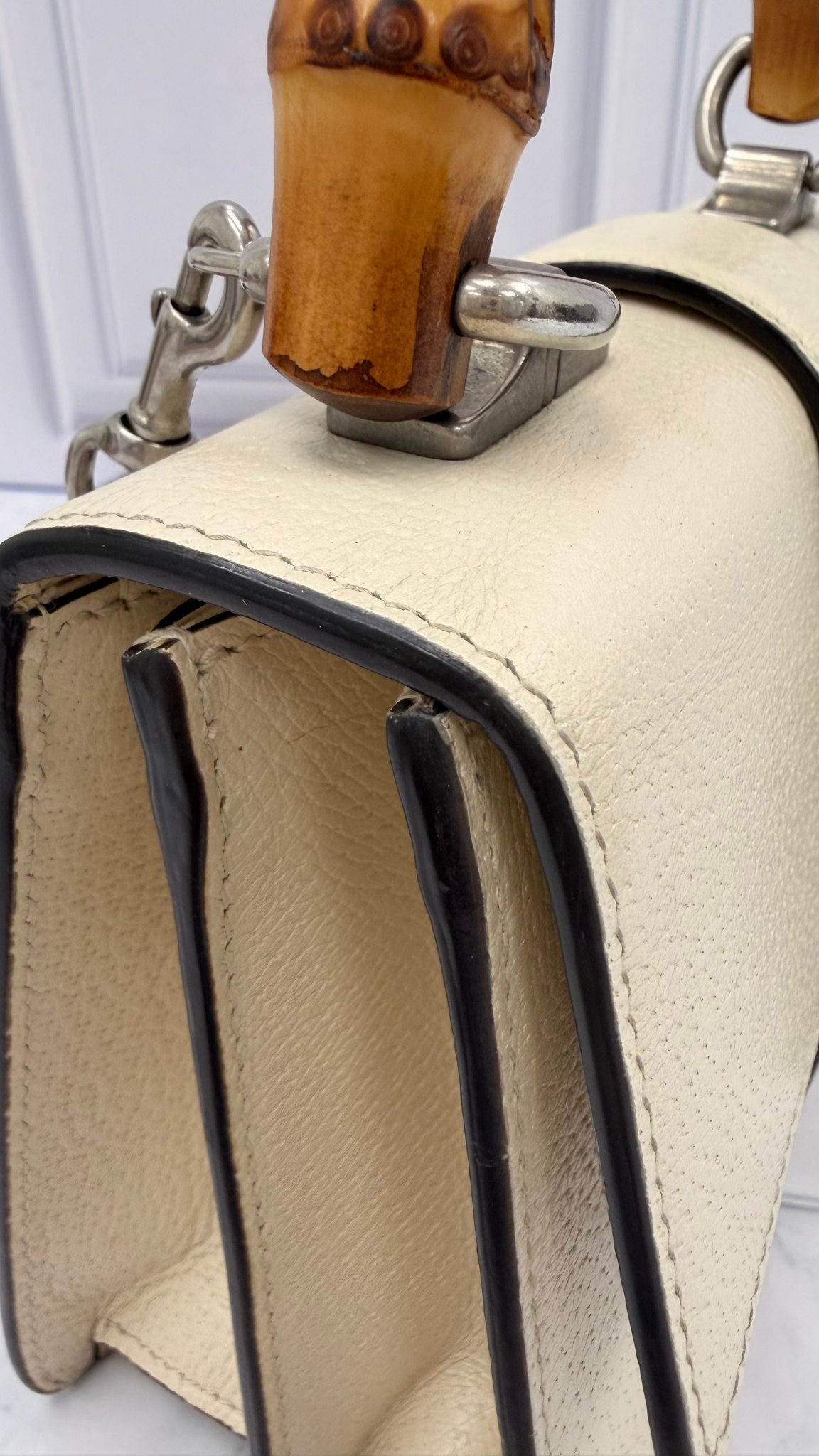 Gucci Ivory Grained Calfskin Leather Mini Dionysus Bamboo Top Handle Bag