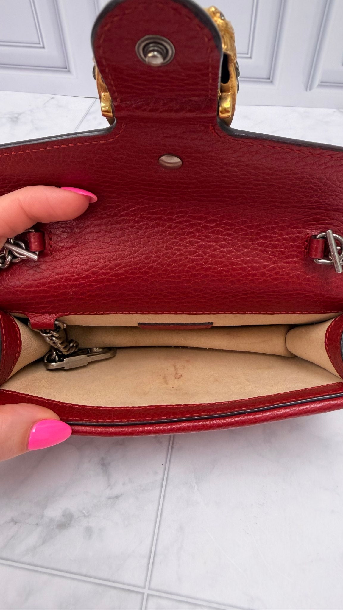 Gucci Red Leather Super Mini Dionysus Chain Bag