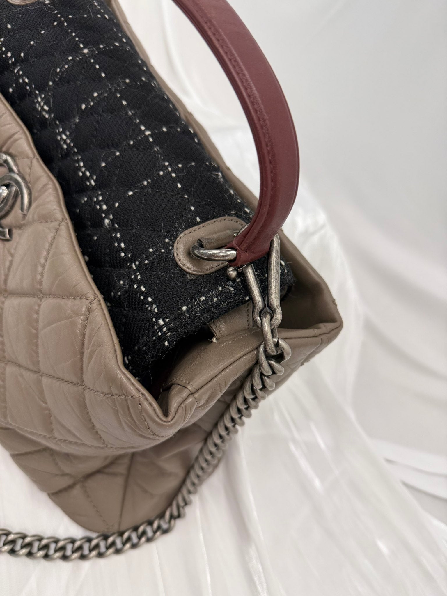 Chanel Dark Taupe Quilted Aged Calfskin & Tweed Large Portobello Top Handle Bag 