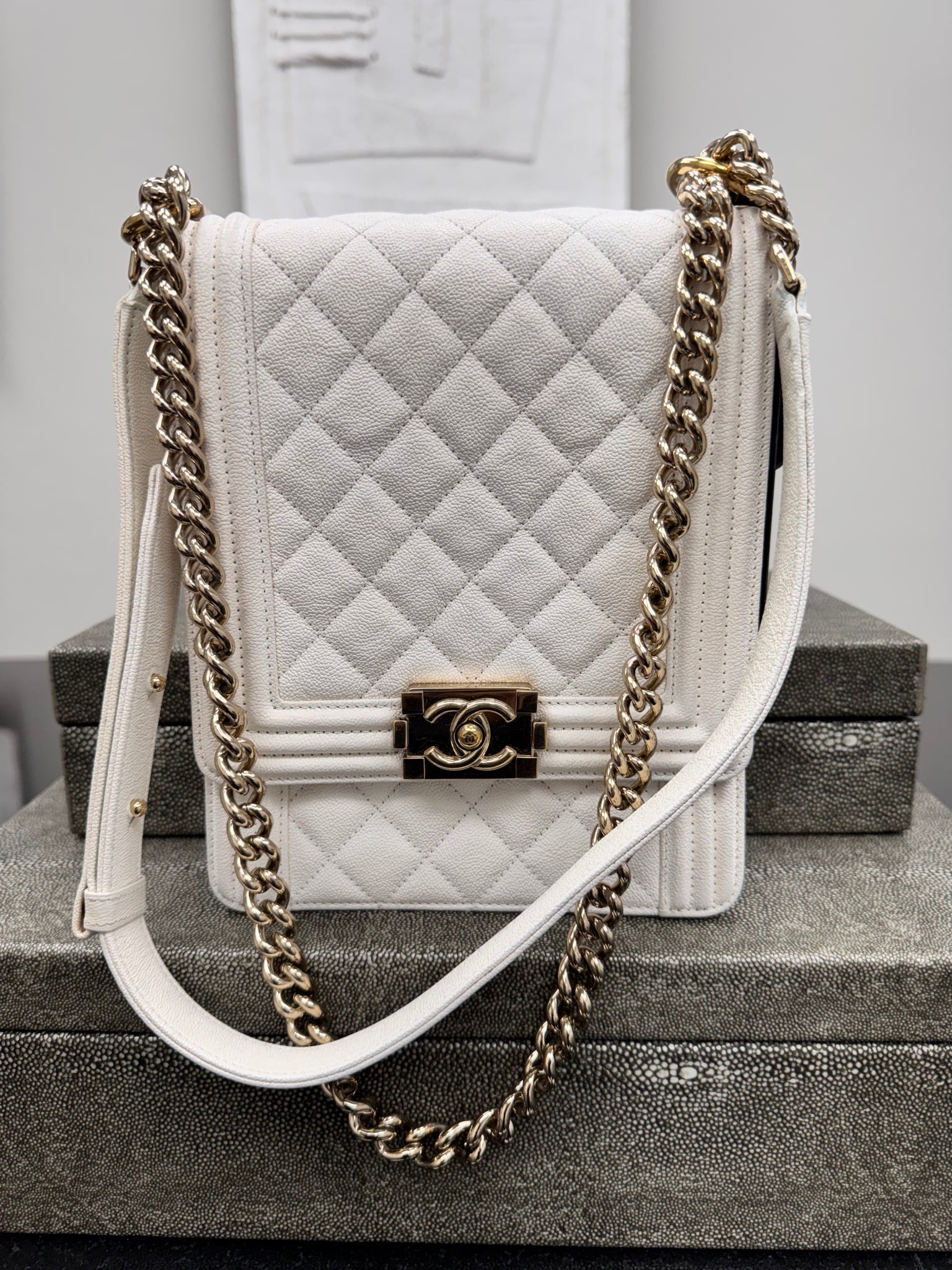 LIKE NEW - Chanel White Quilted Leather North South Boy 2Way Bag