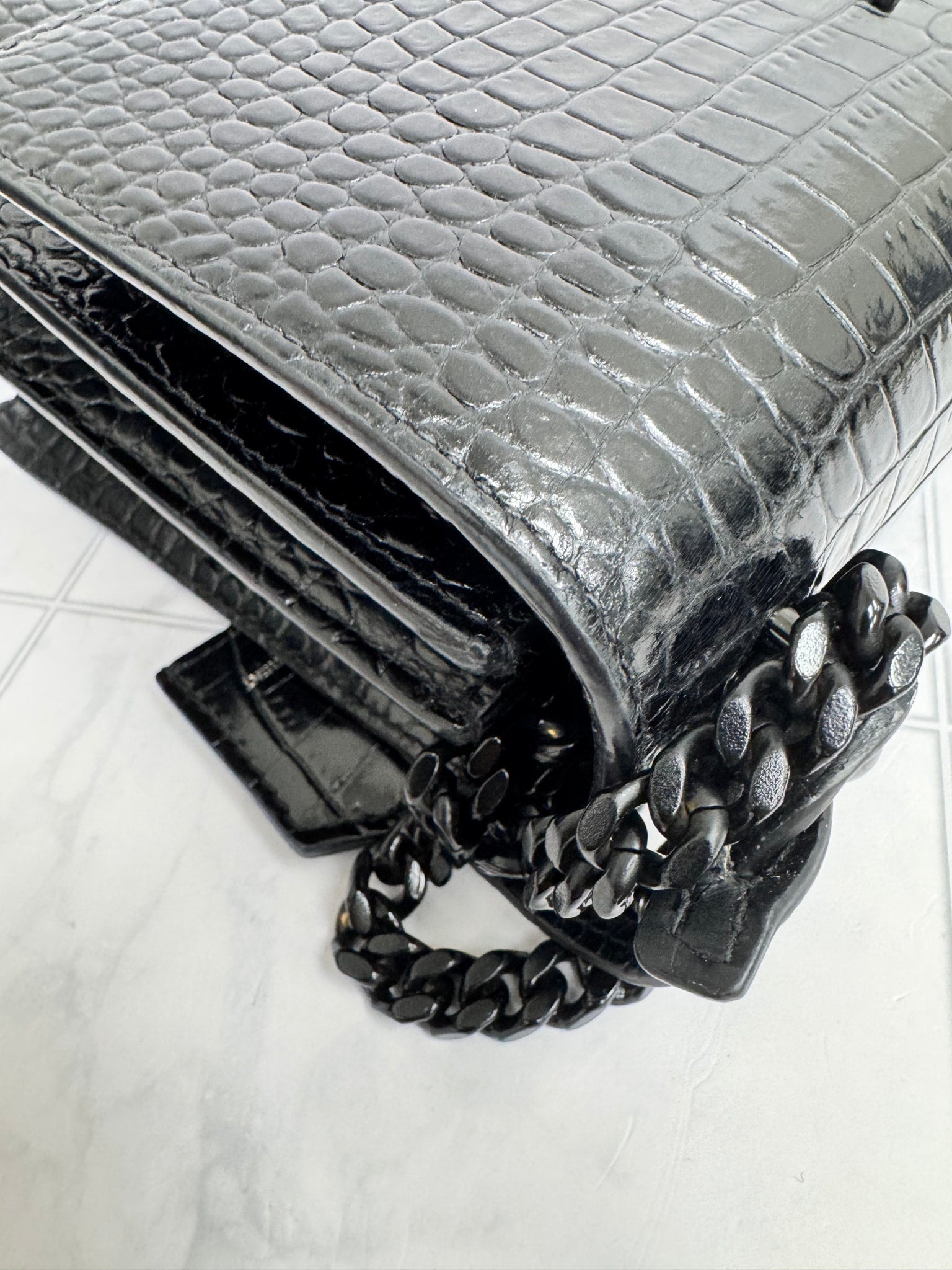 Saint Laurent YSL Black Croc Embossed Medium Sunset Bag