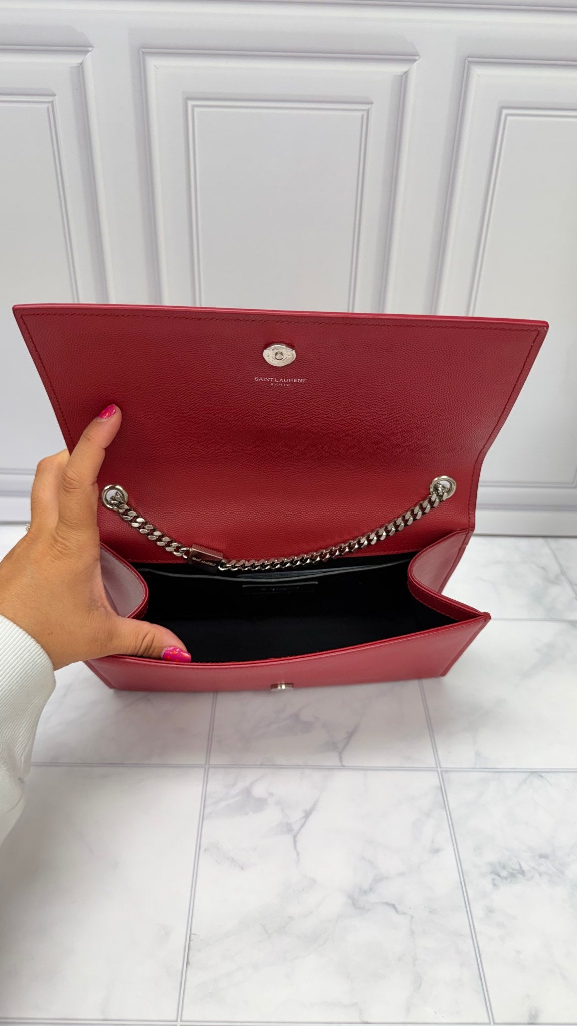 Saint Laurent YSL Red Grained Leather Kate Chain Shoulder Bag 