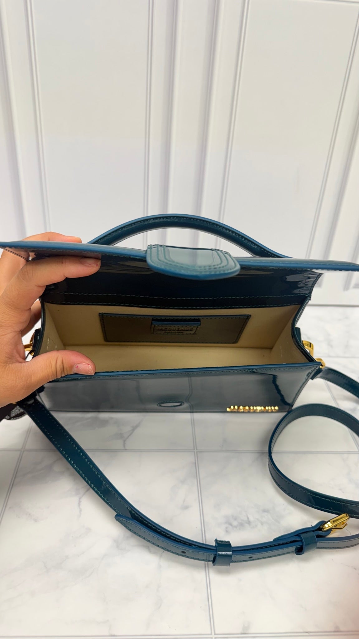 BRAND NEW - Jacquemus Turquoise Patent Leather Le Grand Bambino Handbag 2Way Handbag
