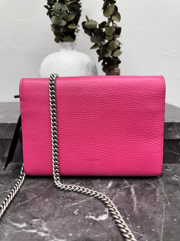 Gucci Hot Pink Grained Leather Dionysus Wallet On A Chain