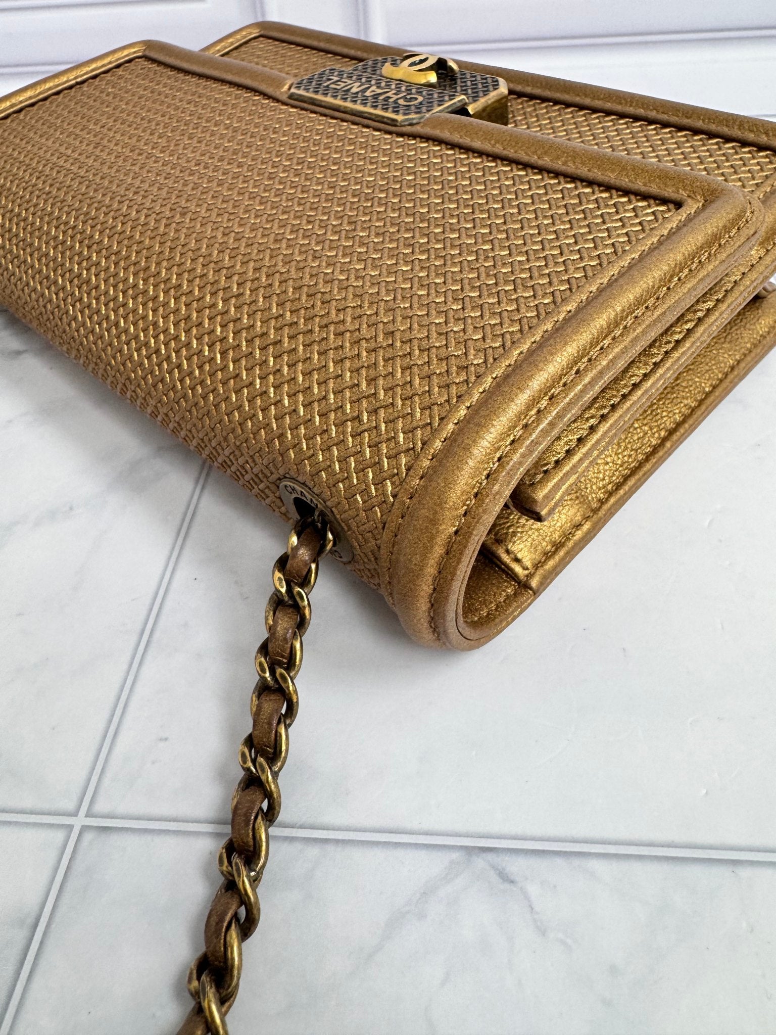 Chanel Gold Woven Texture Small Boy Flap Bag